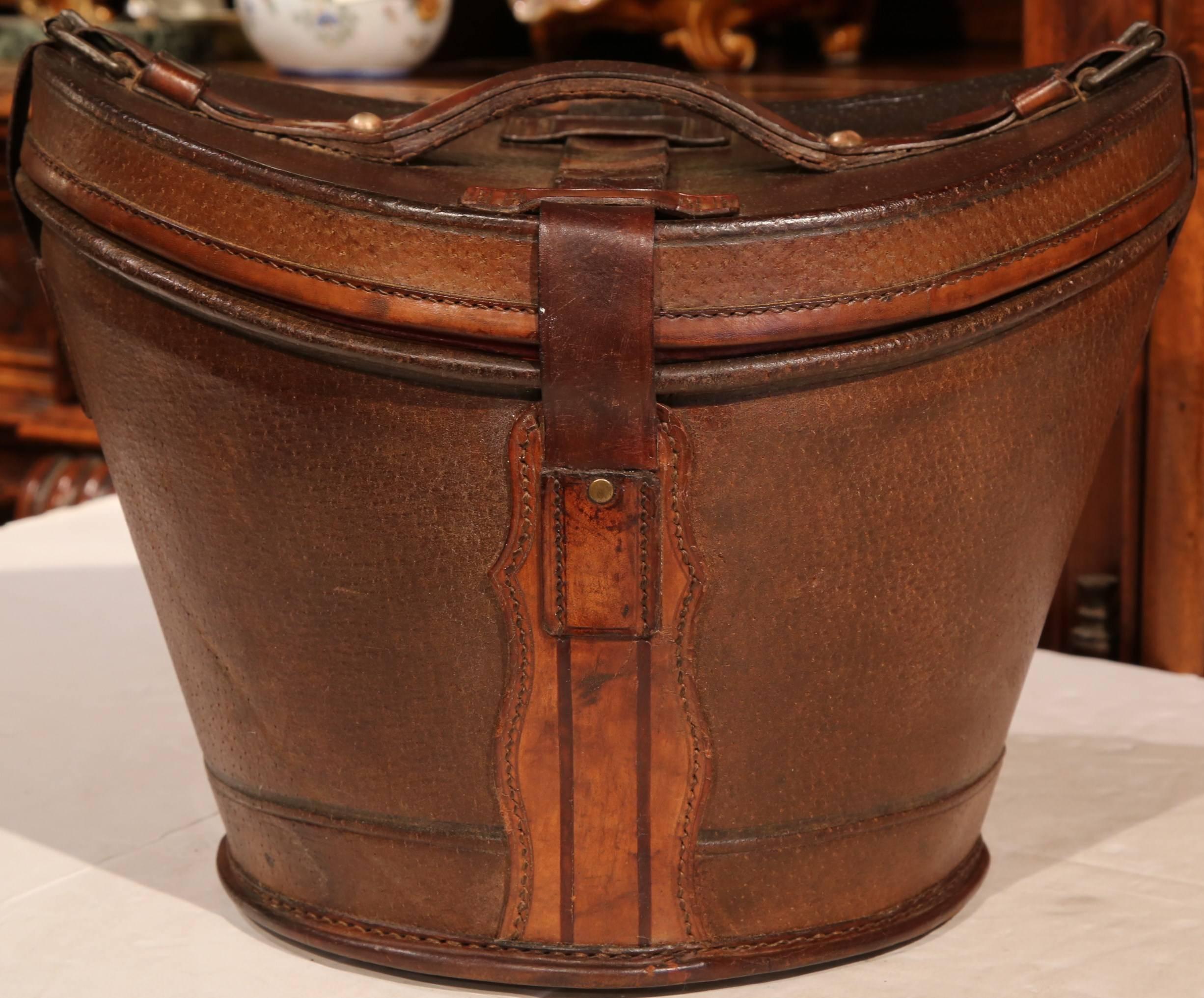 Brass 18th Century, French Oval Pigskin Leather Hat Box from Paris