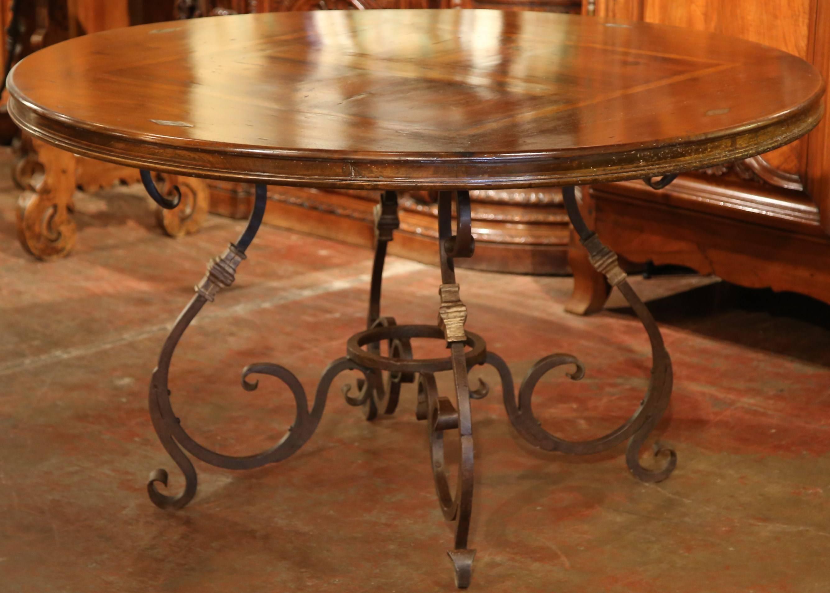 Contemporary French Round Table with Heavy Wrought Iron Base and Walnut Parquet Top