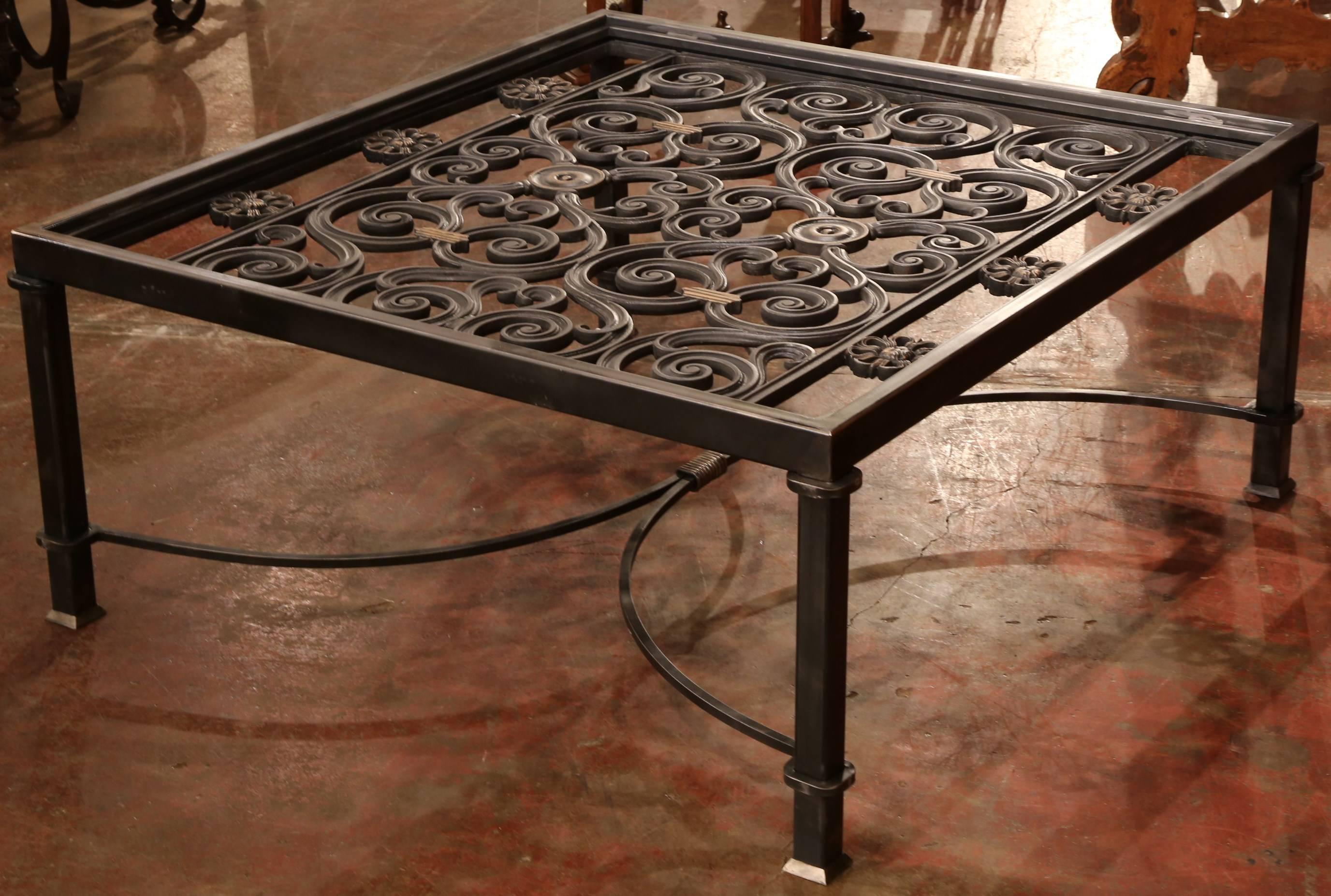 Polished Iron Coffee Table Base Made with Pair of 19th Century French Gates In Excellent Condition In Dallas, TX