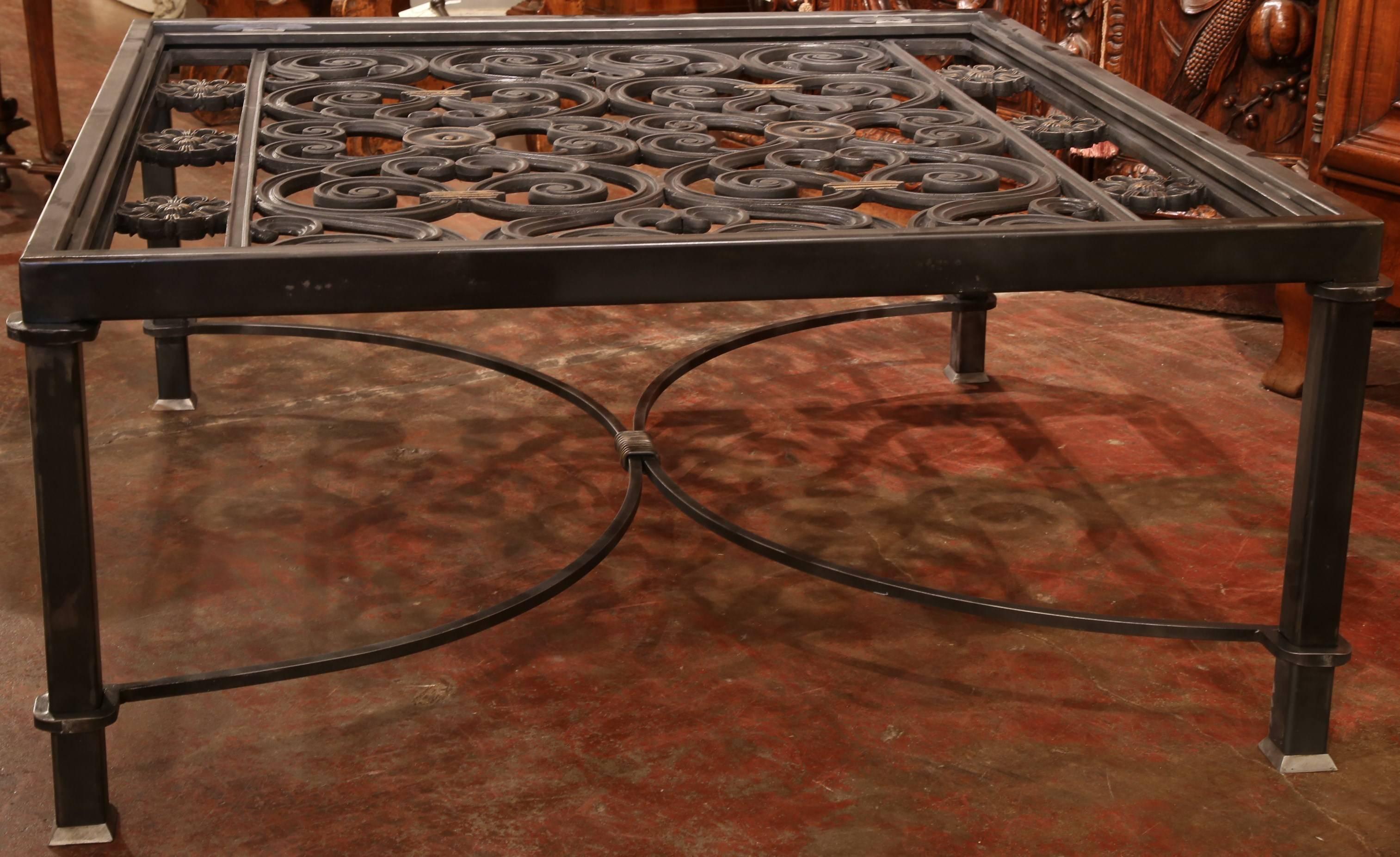 Polished Iron Coffee Table Base Made with Pair of 19th Century French Gates 4