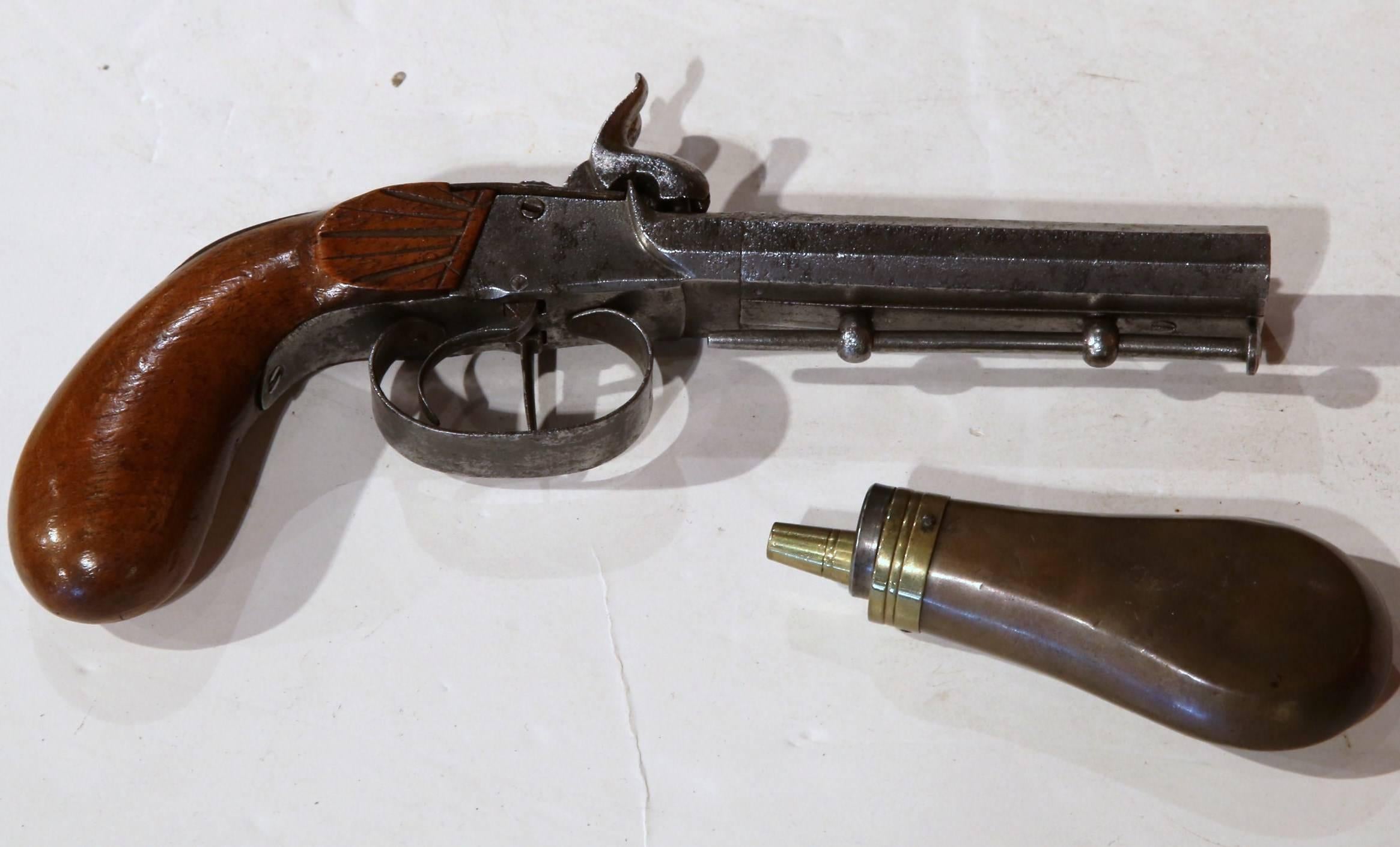 19th Century British Glass Vitrine with Pistol, Ramrod and Copper Powder Flask 2