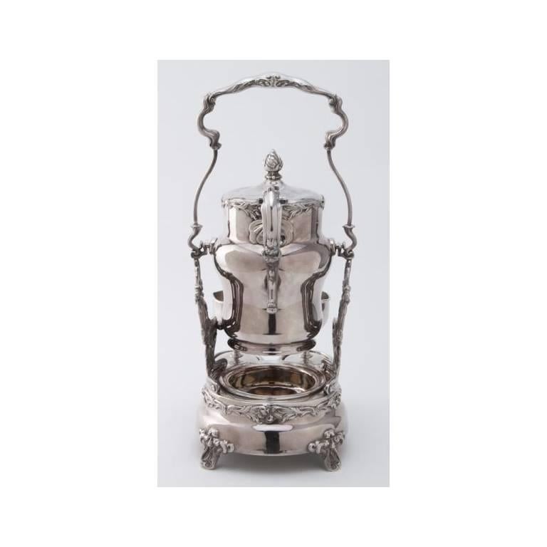 19th Century American Tilting Silver Plated Samovar with Two Goblets and Marking 2