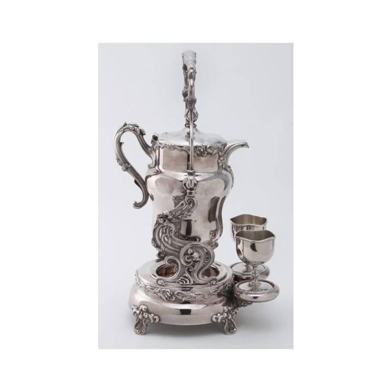 19th Century American Tilting Silver Plated Samovar with Two Goblets and Marking 1