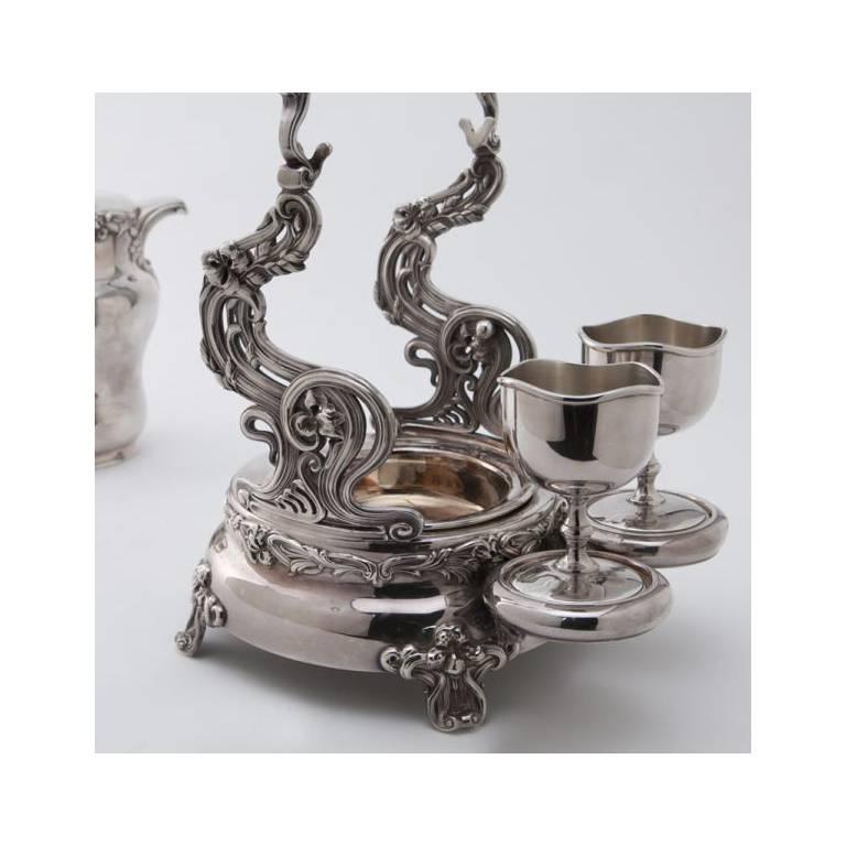 Art Nouveau 19th Century American Tilting Silver Plated Samovar with Two Goblets and Marking