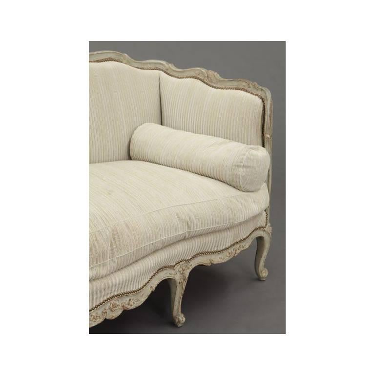 Hand-Carved 19th Century French Louis XV Carved Canape with Painted Finish and Beige Fabric