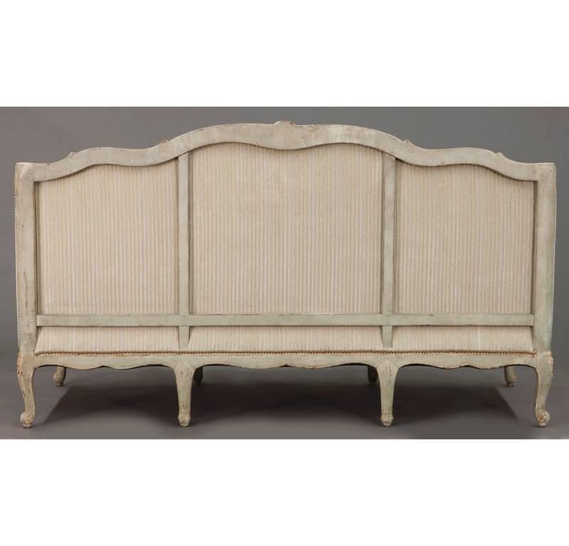 19th Century French Louis XV Carved Canape with Painted Finish and Beige Fabric 4