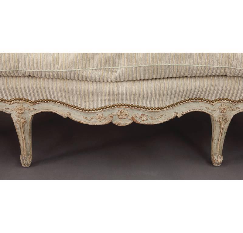 Down 19th Century French Louis XV Carved Canape with Painted Finish and Beige Fabric