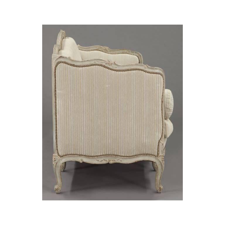 19th Century French Louis XV Carved Canape with Painted Finish and Beige Fabric 3