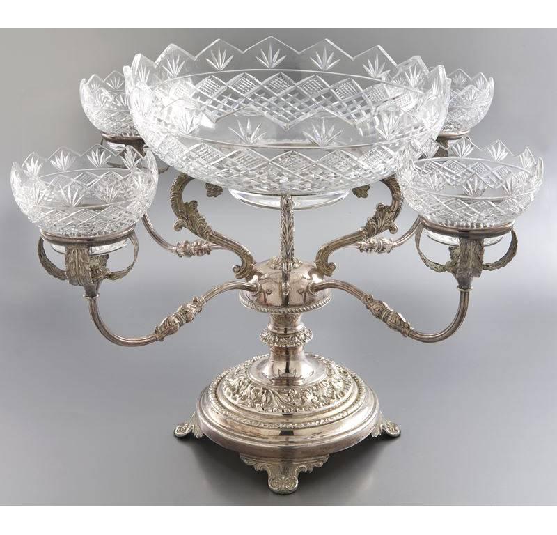 19th Century American Silvered Copper and Cut Glass Epergne with Four Bowls 5