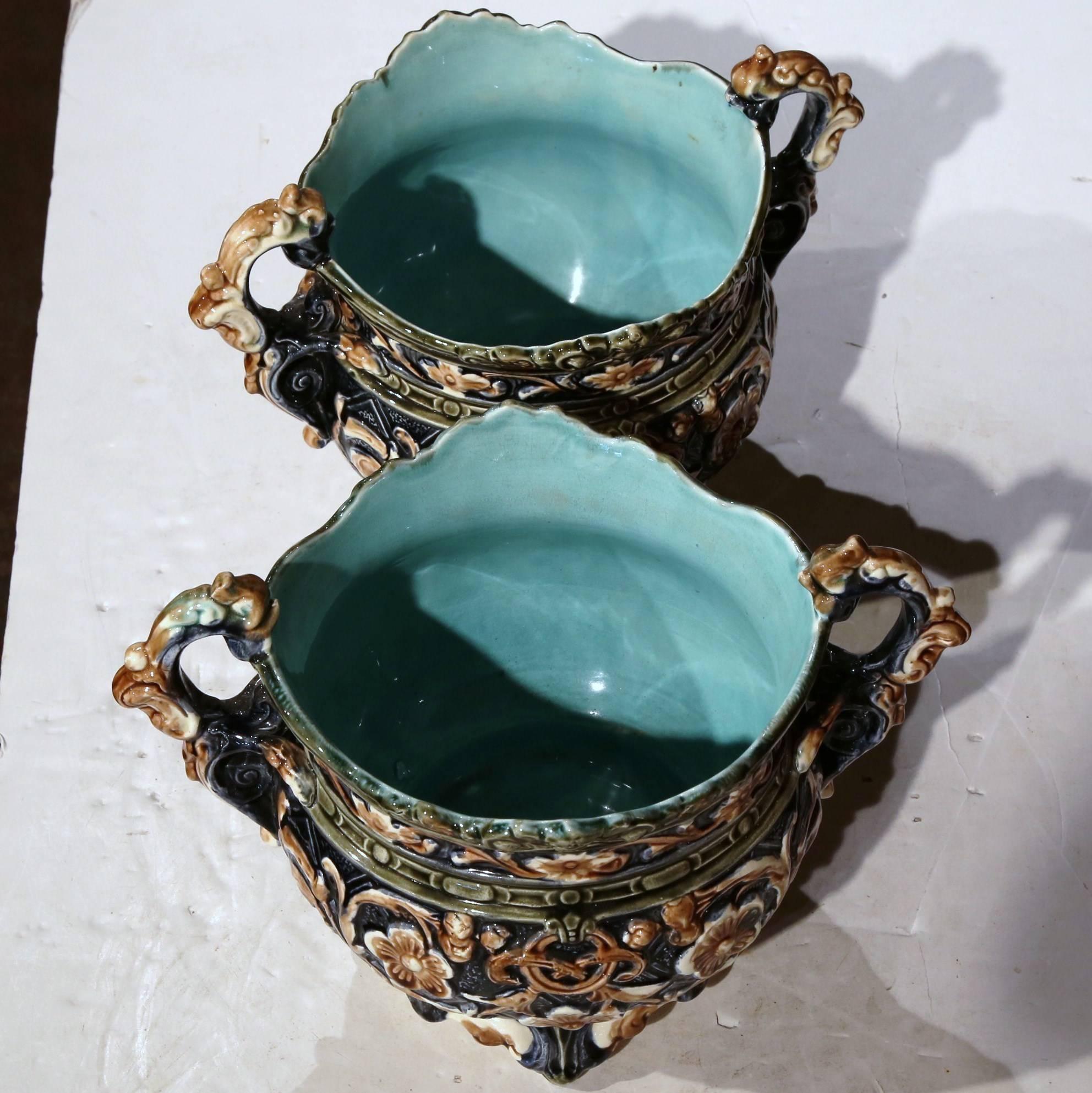 Pair of 19th Century French Hand-Painted Barbotine Cache Pots with Flower Motifs 3