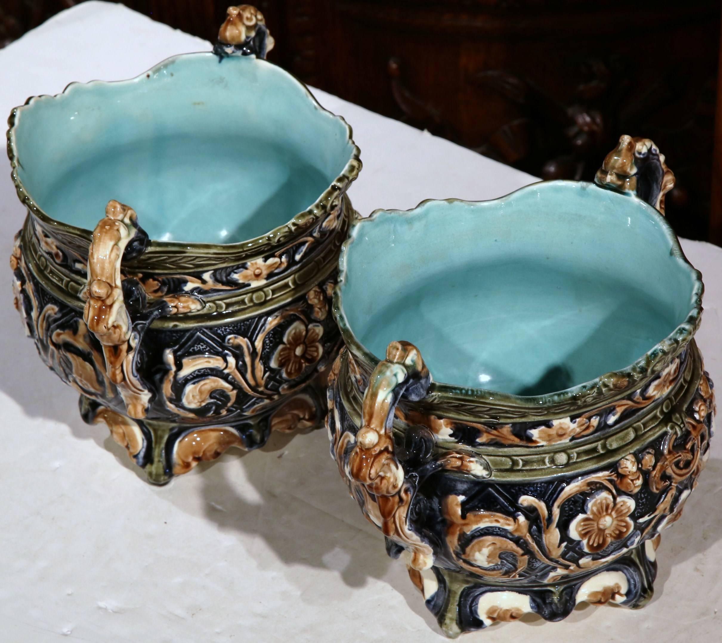 Hand-Crafted Pair of 19th Century French Hand-Painted Barbotine Cache Pots with Flower Motifs