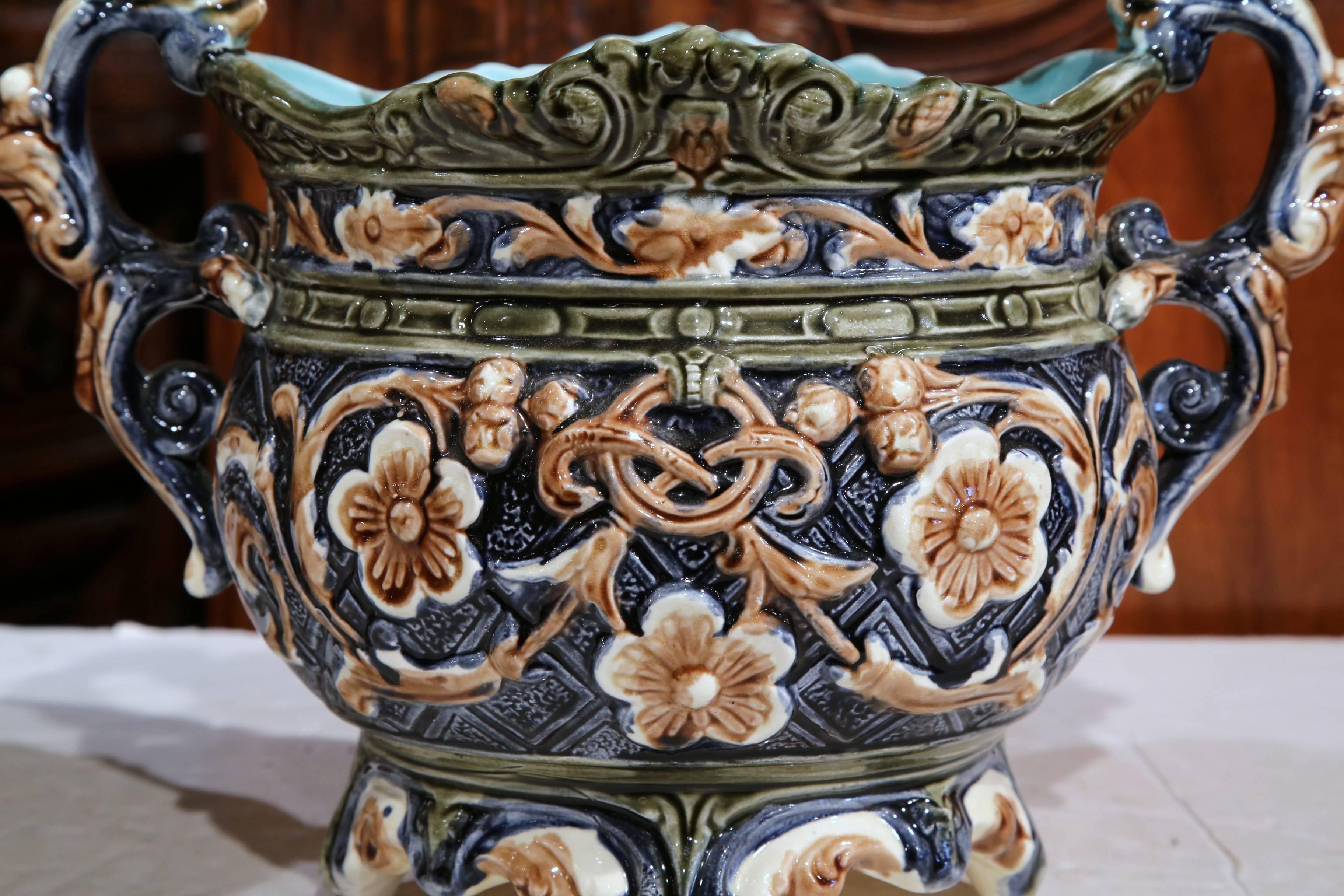 Pair of 19th Century French Hand-Painted Barbotine Cache Pots with Flower Motifs 1