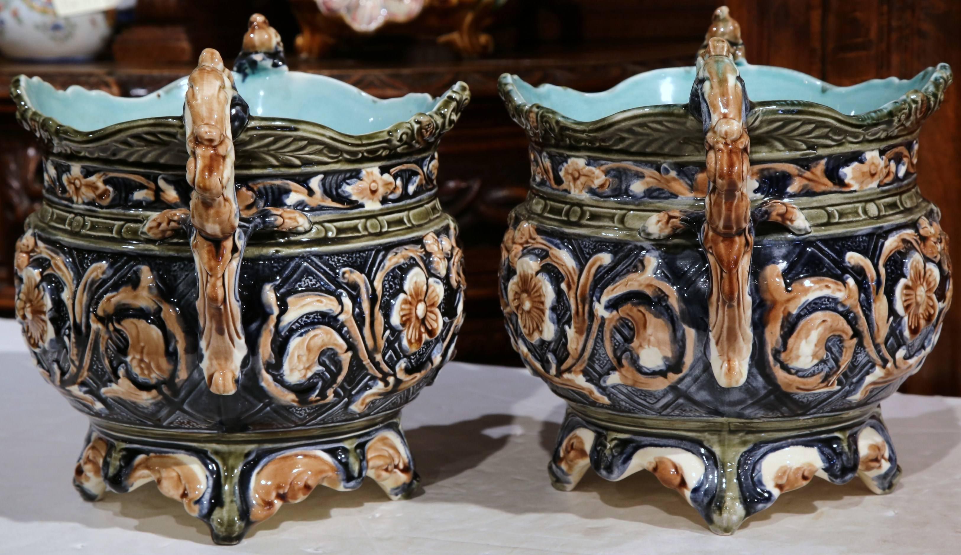 Ceramic Pair of 19th Century French Hand-Painted Barbotine Cache Pots with Flower Motifs