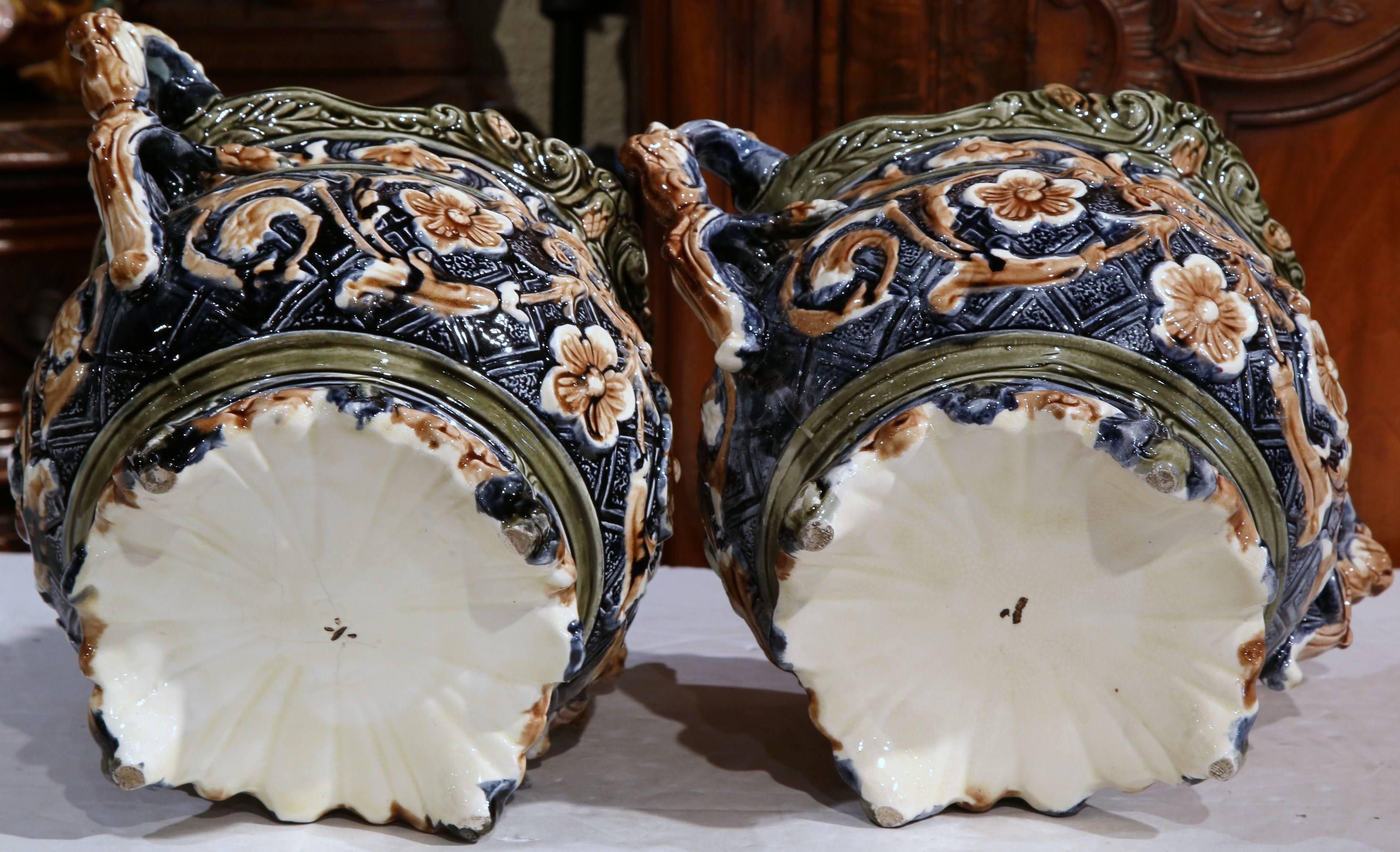 Pair of 19th Century French Hand-Painted Barbotine Cache Pots with Flower Motifs 5