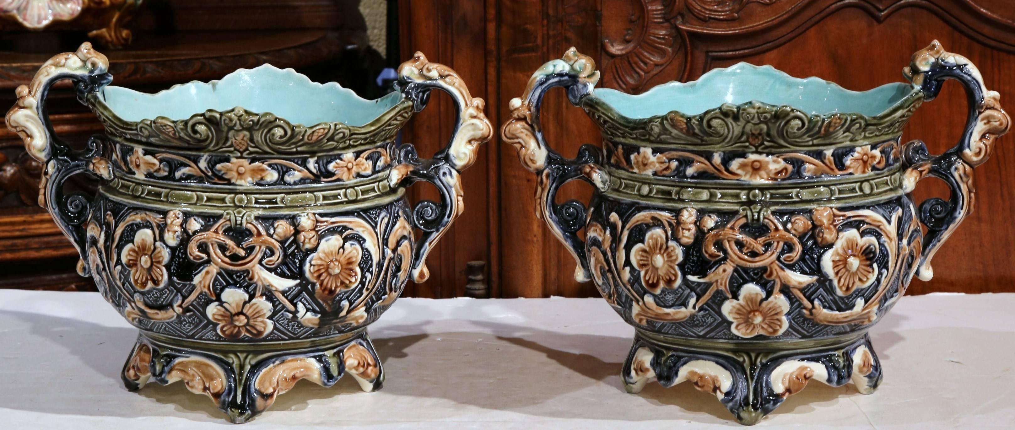 Pair of 19th Century French Hand-Painted Barbotine Cache Pots with Flower Motifs 4