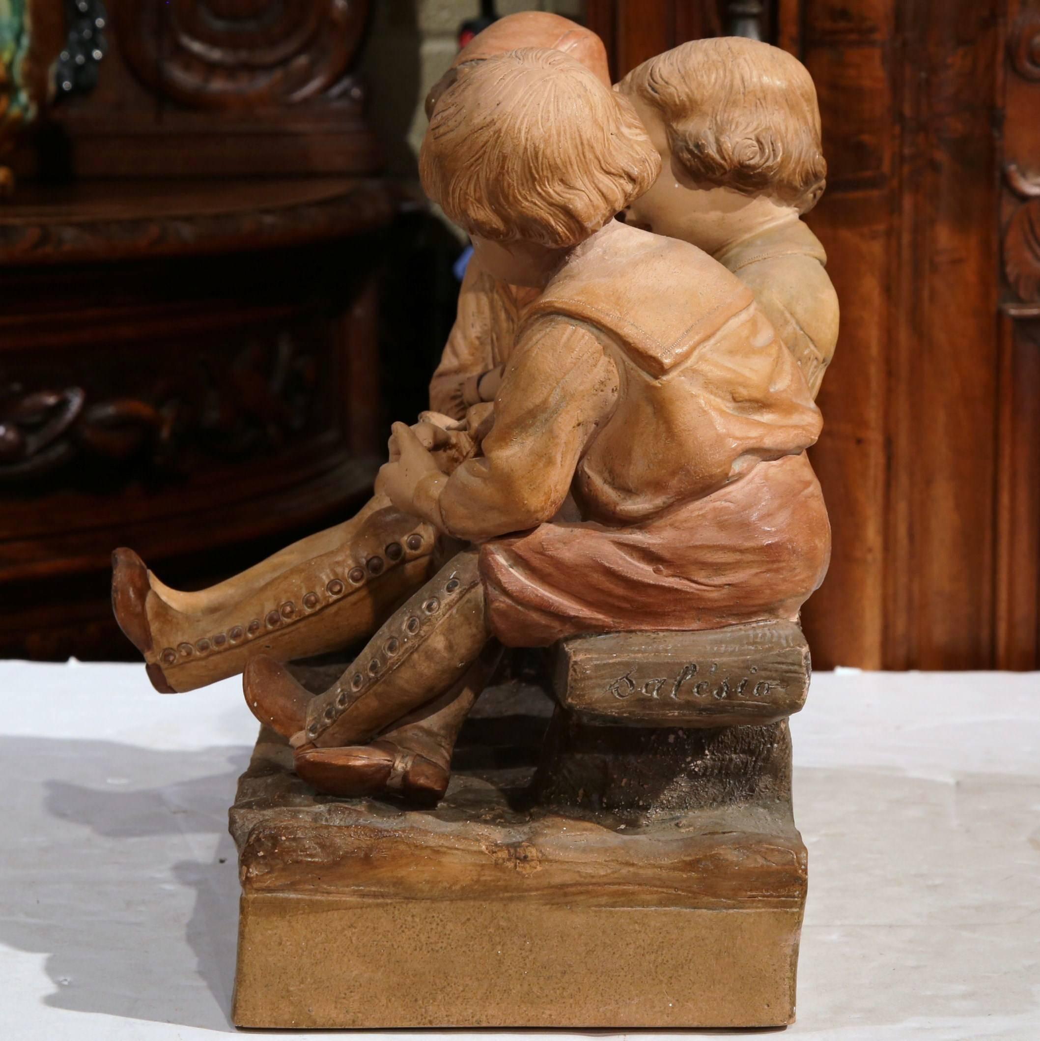 19th Century French Carved Terracotta Sculpture Composition Signed Baleaio In Excellent Condition In Dallas, TX