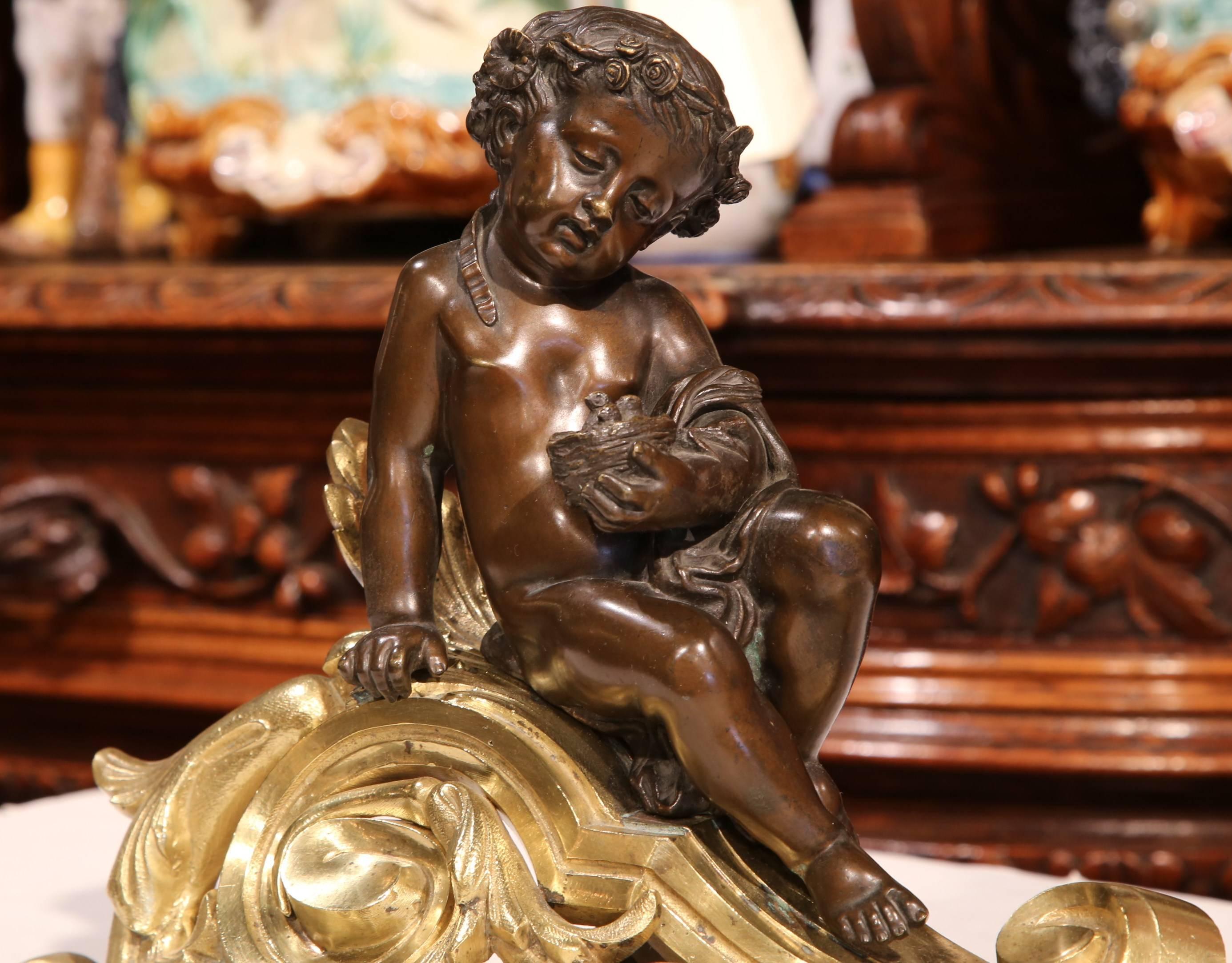 Pair of 19th Century French Gilt and Patinated Bronze Cherubs Chenets Andirons In Excellent Condition In Dallas, TX