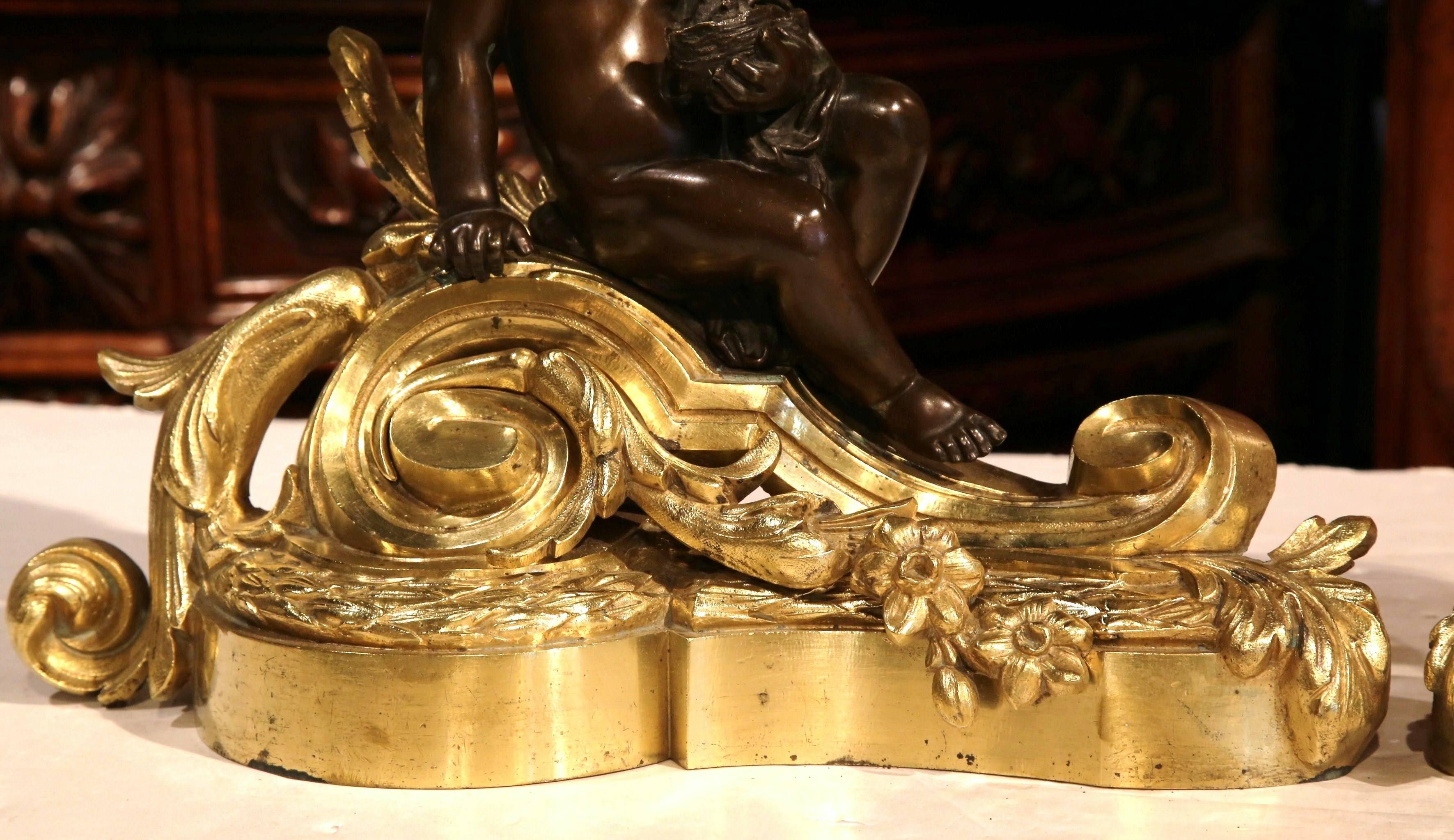 Pair of 19th Century French Gilt and Patinated Bronze Cherubs Chenets Andirons 2