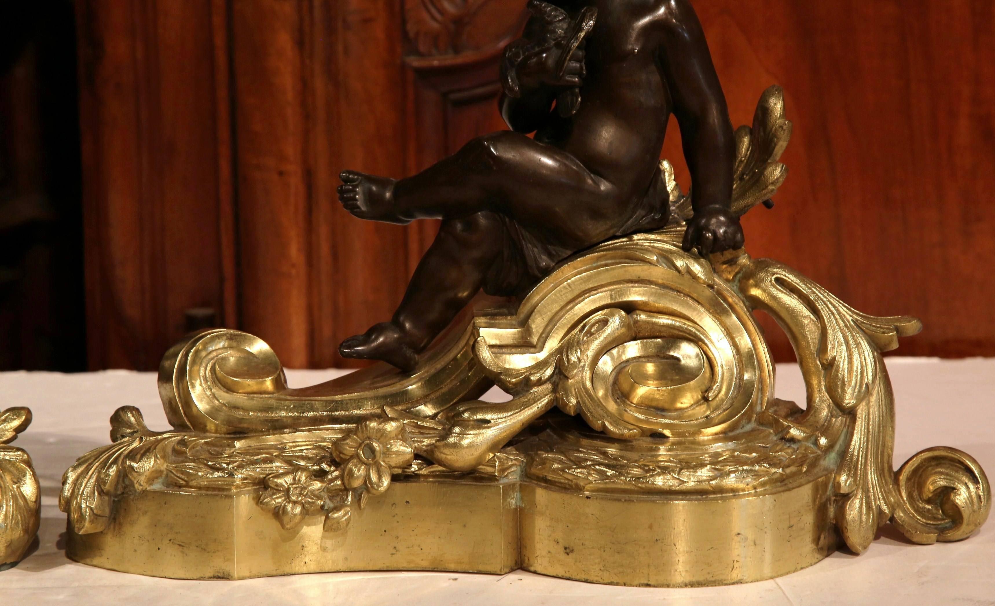 Pair of 19th Century French Gilt and Patinated Bronze Cherubs Chenets Andirons 3