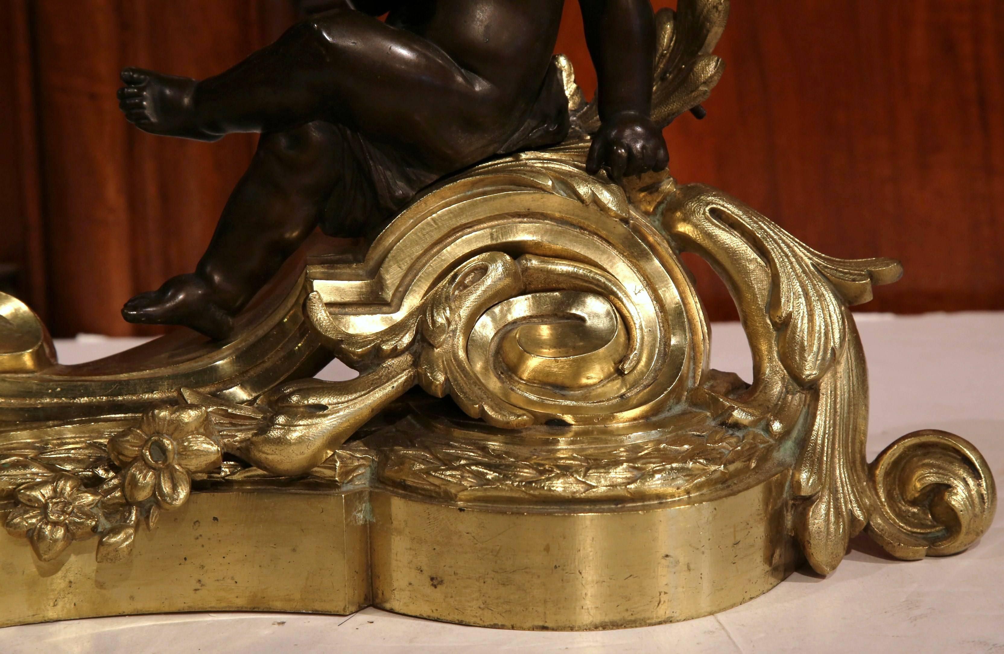 Pair of 19th Century French Gilt and Patinated Bronze Cherubs Chenets Andirons 5