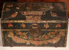 18th Century French Hand-painted Wooden Wedding Box from Normandy with Birds