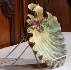 19th Century French Hand-Painted Barbotine Shell Dish with Flower and Leaves