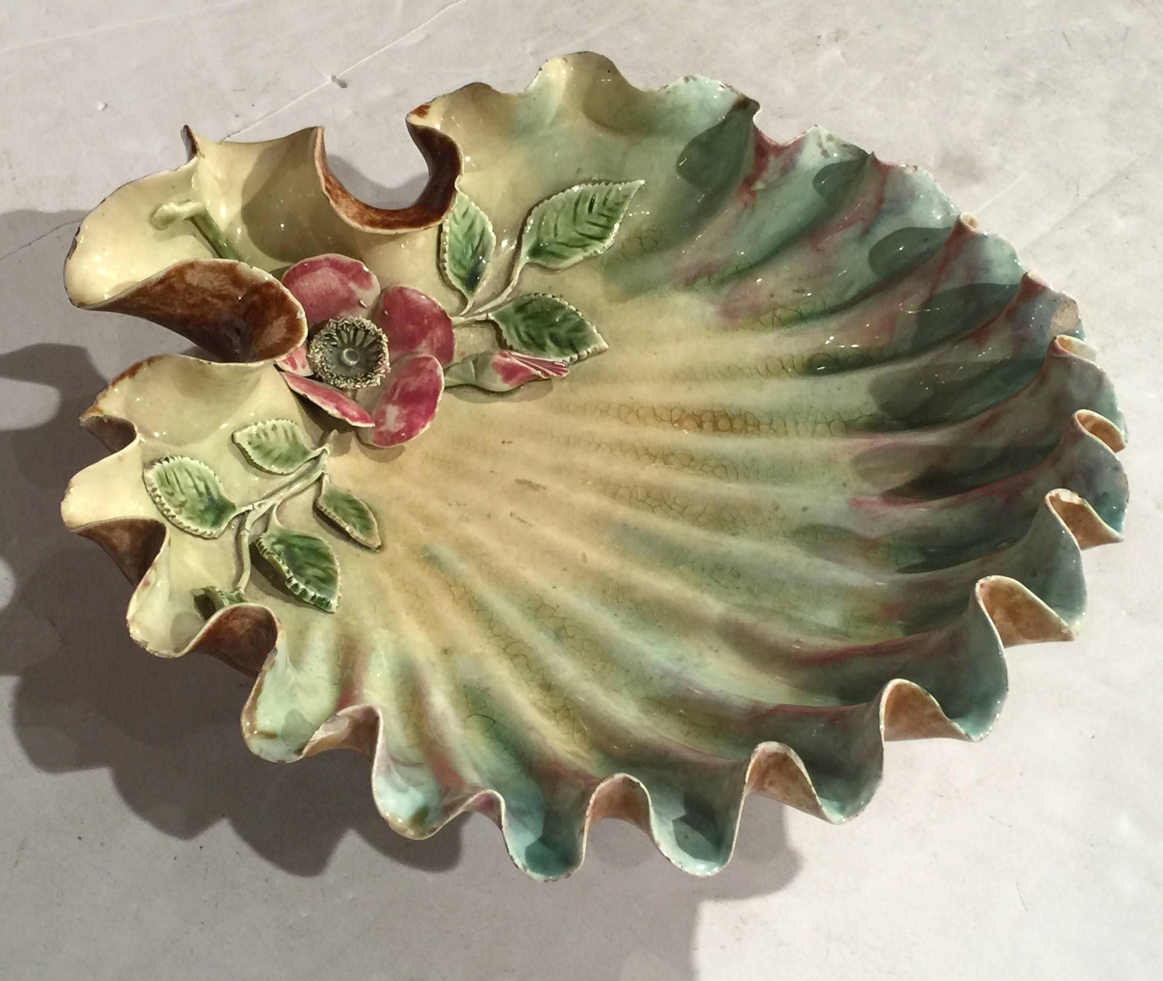 Majolica 19th Century French Hand-Painted Barbotine Shell Dish with Flower and Leaves