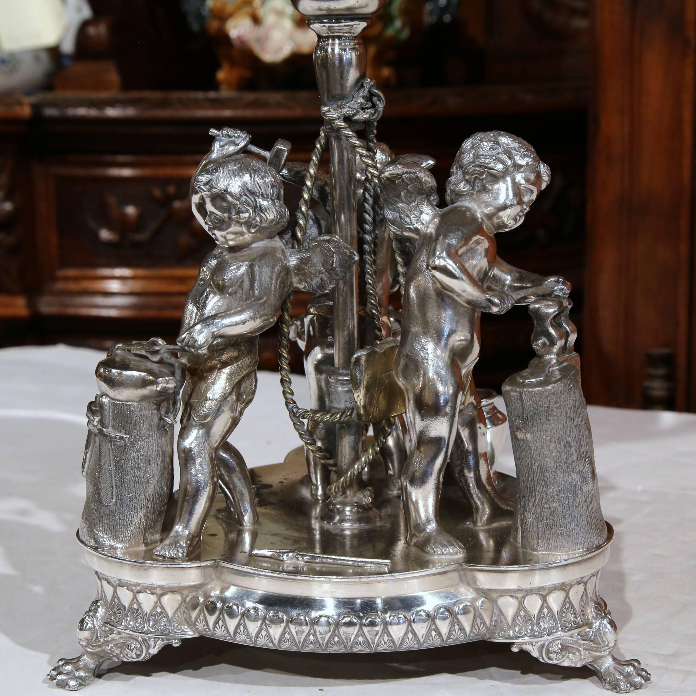 Hand-Crafted 19th Century French Silver Plated Crystal Bowl Centerpiece with Cherub Figures