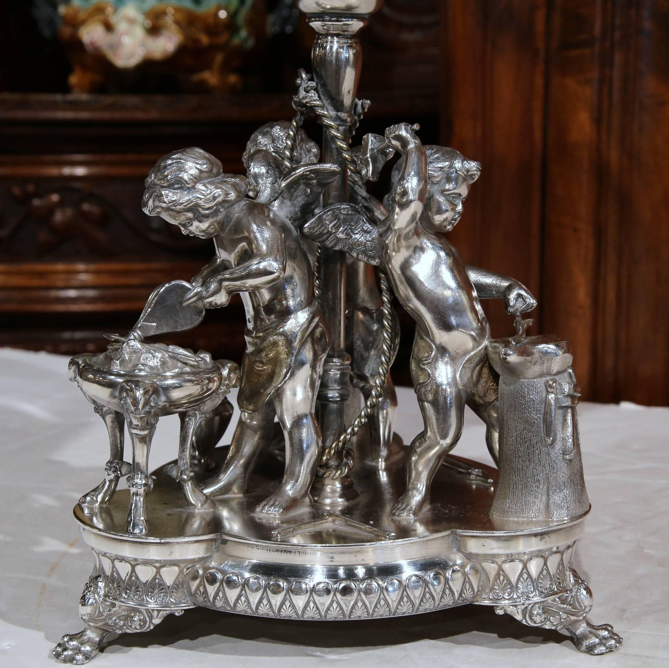 19th Century French Silver Plated Crystal Bowl Centerpiece with Cherub Figures In Excellent Condition In Dallas, TX