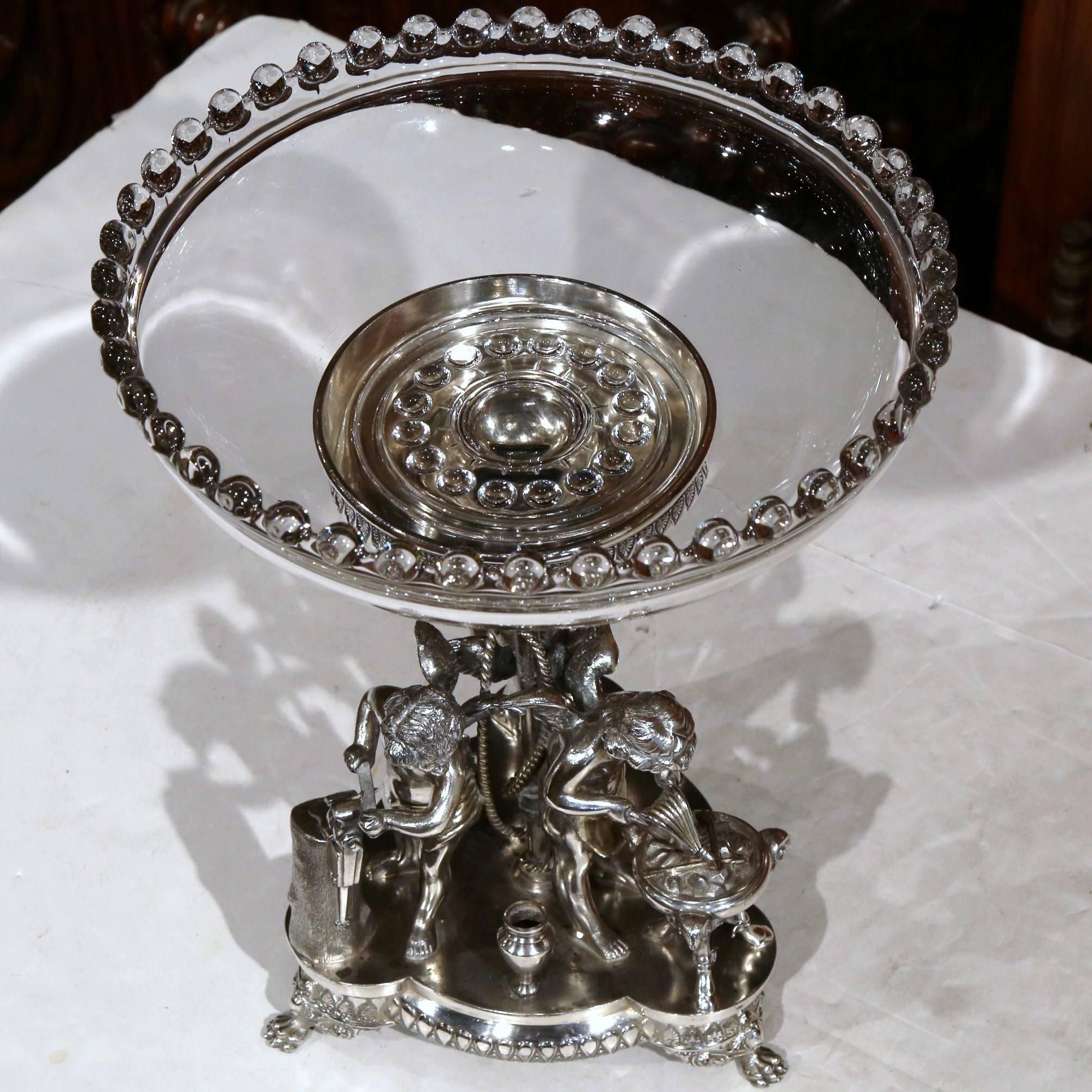 19th Century French Silver Plated Crystal Bowl Centerpiece with Cherub Figures 1