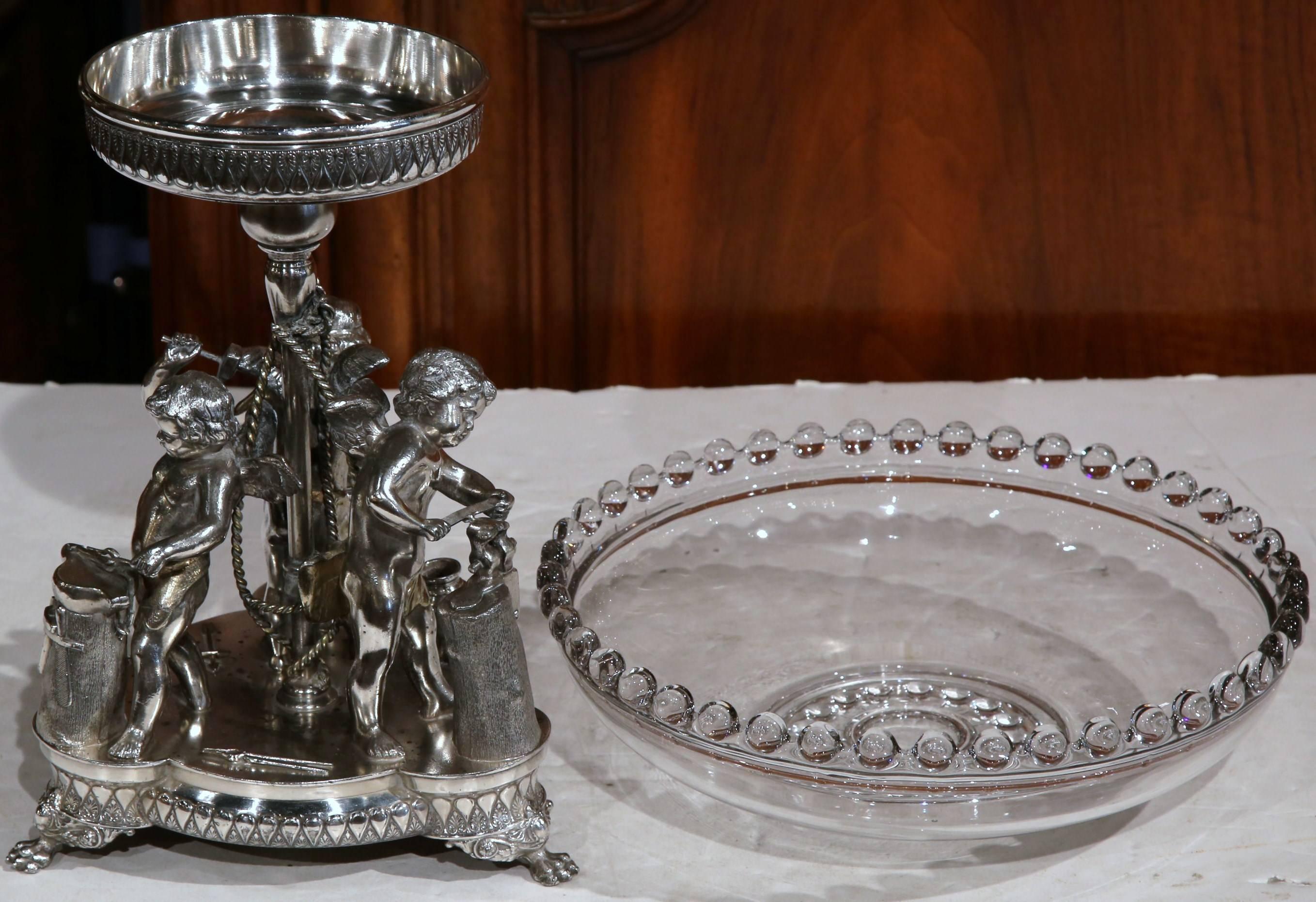 19th Century French Silver Plated Crystal Bowl Centerpiece with Cherub Figures 3