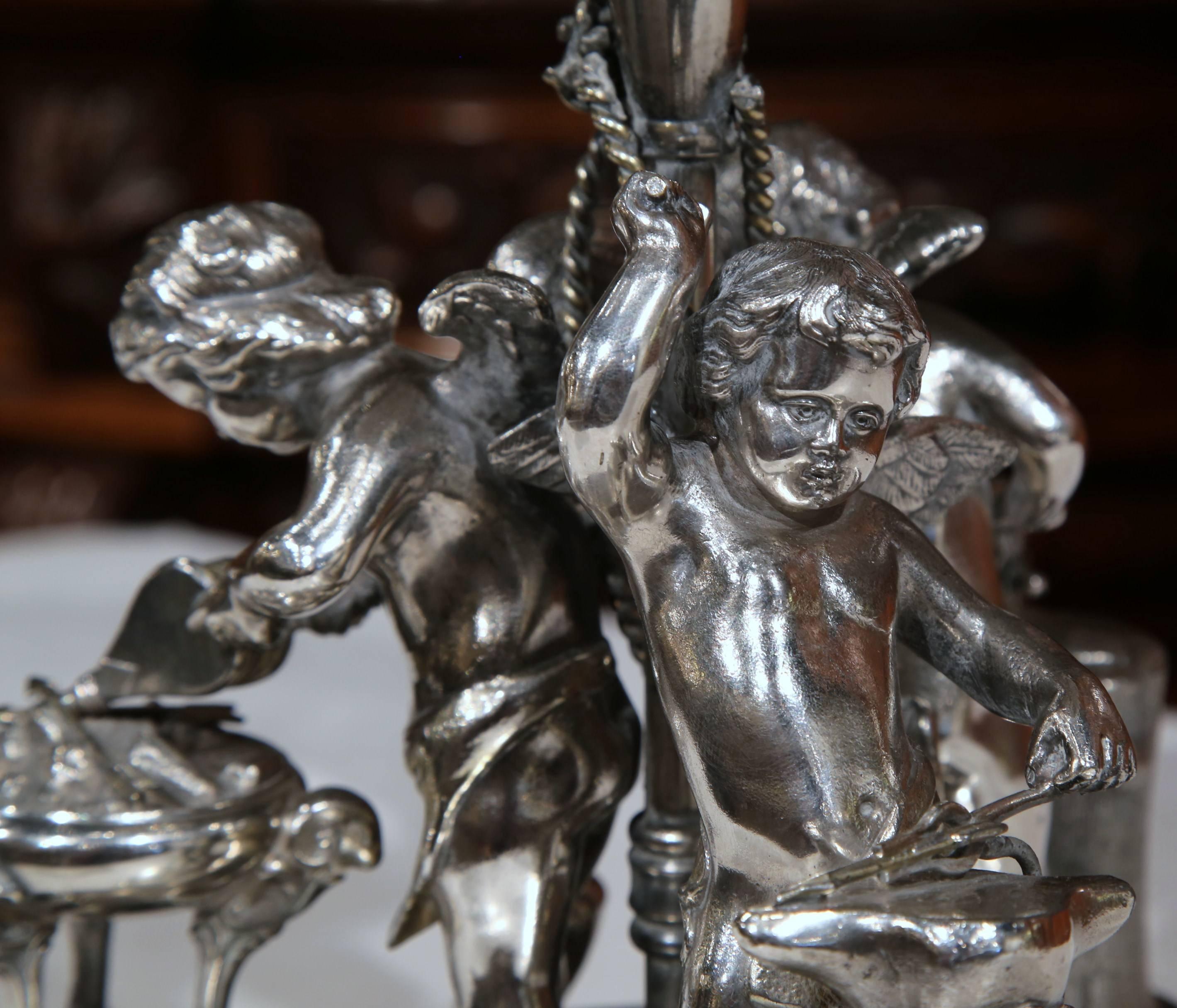 19th Century French Silver Plated Crystal Bowl Centerpiece with Cherub Figures 4