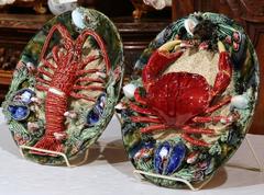 Pair of Vintage French Barbotine Plates with Crab Lobster Mussels and Clams