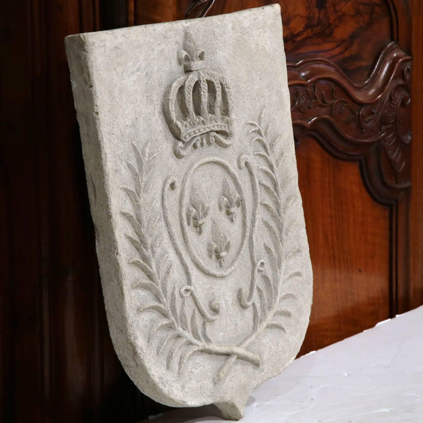 Louis XV 19th Century French Carved Stone Kingdom of France Crest with Fleurs De Lys
