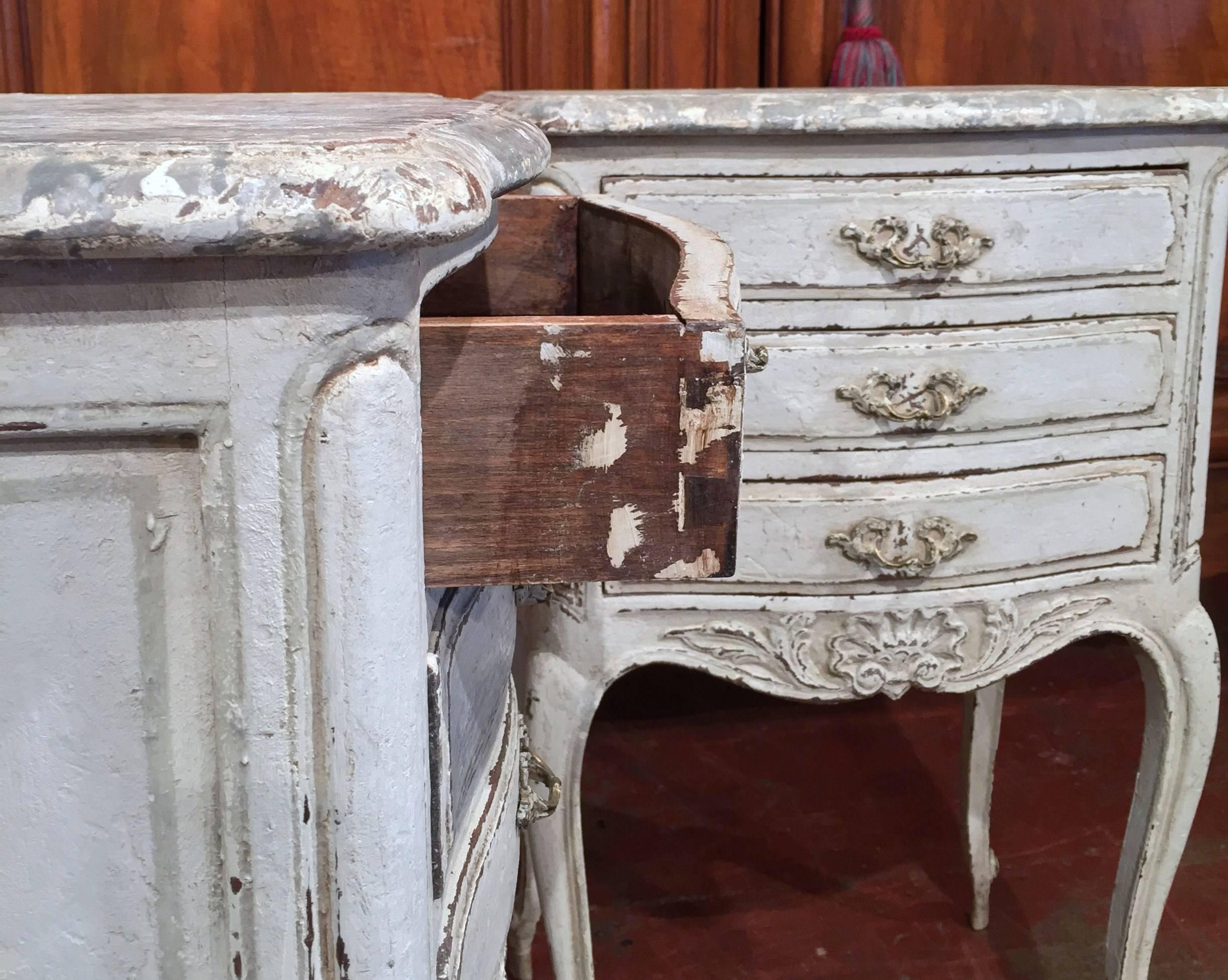 Pair of 19th Century French Carved Painted Bedside Tables with Faux Marble Top 1