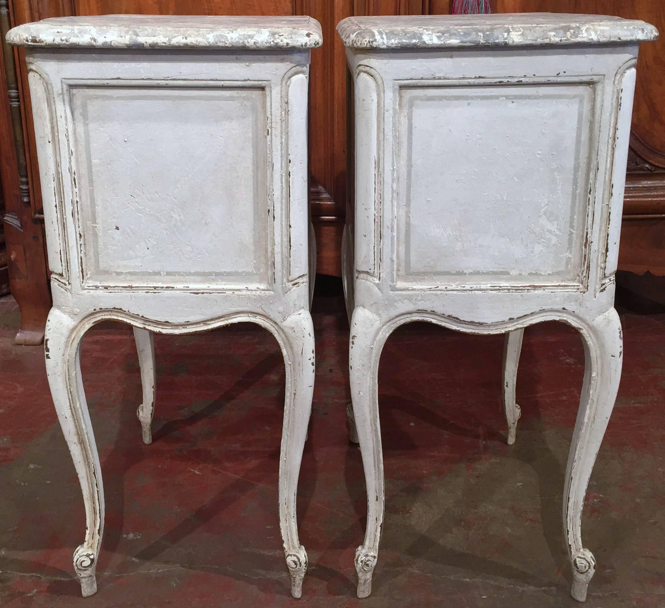 Wood Pair of 19th Century French Carved Painted Bedside Tables with Faux Marble Top