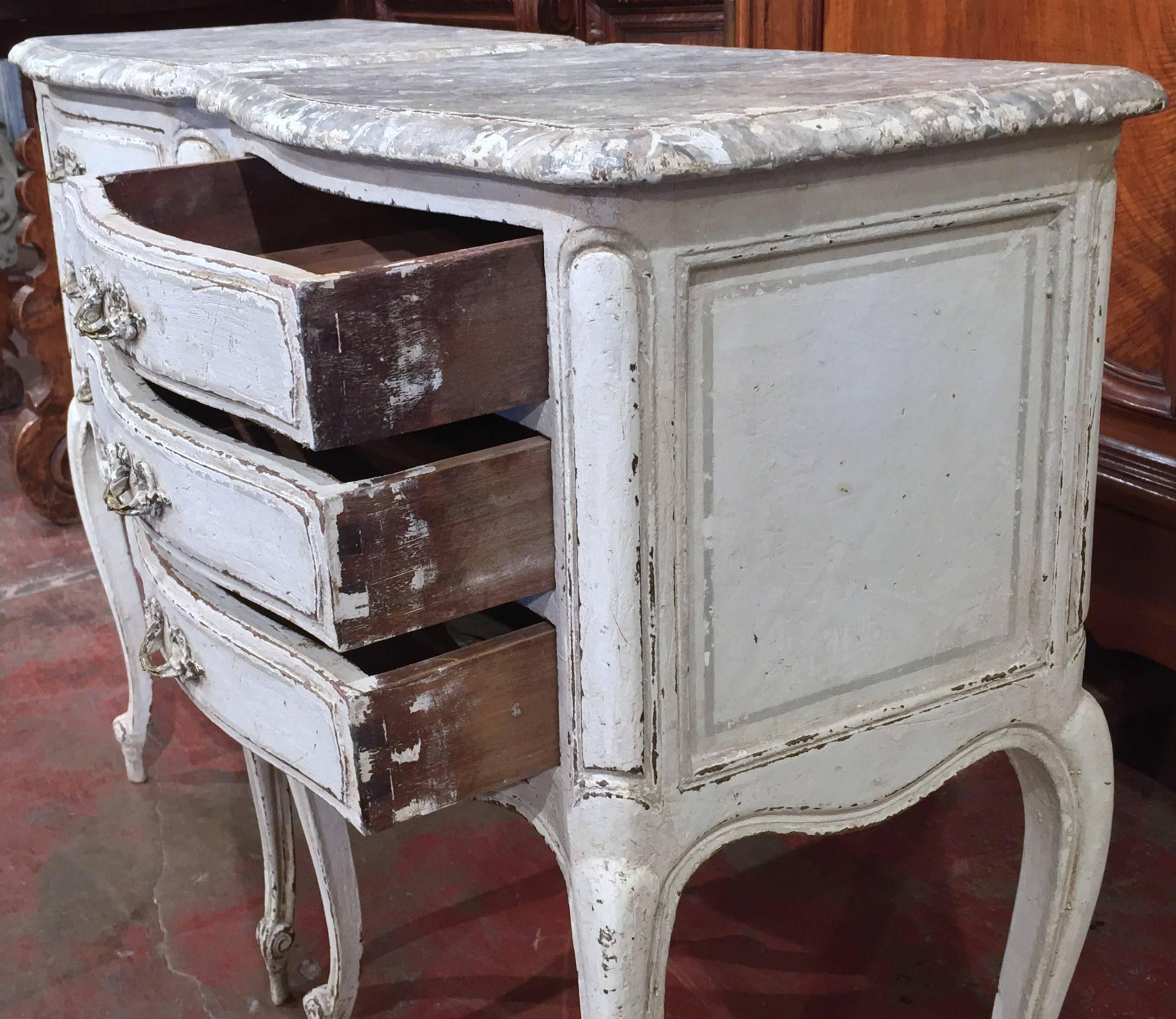 Pair of 19th Century French Carved Painted Bedside Tables with Faux Marble Top In Excellent Condition In Dallas, TX