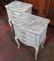 Pair of 19th Century French Carved Painted Bedside Tables with Faux Marble Top