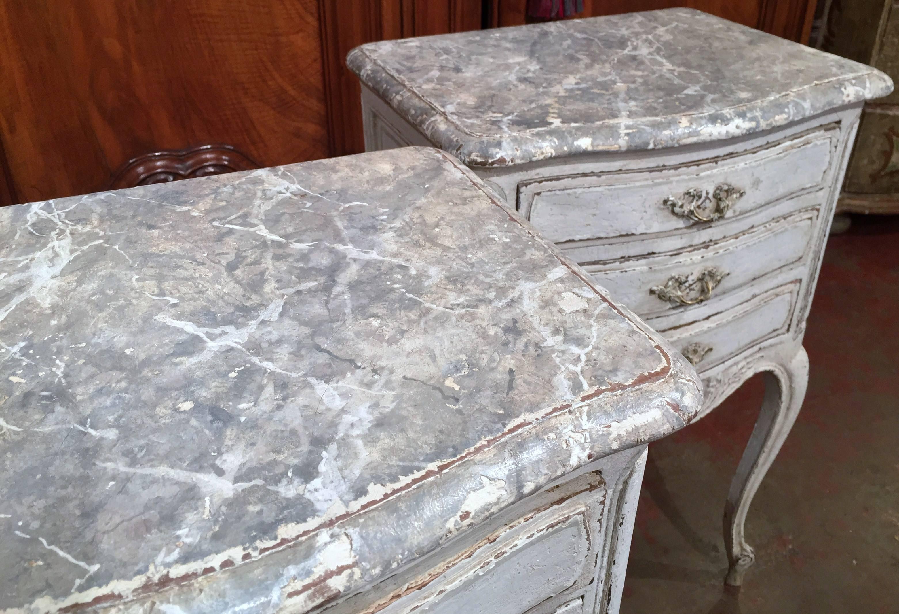 Hand-Carved Pair of 19th Century French Carved Painted Bedside Tables with Faux Marble Top