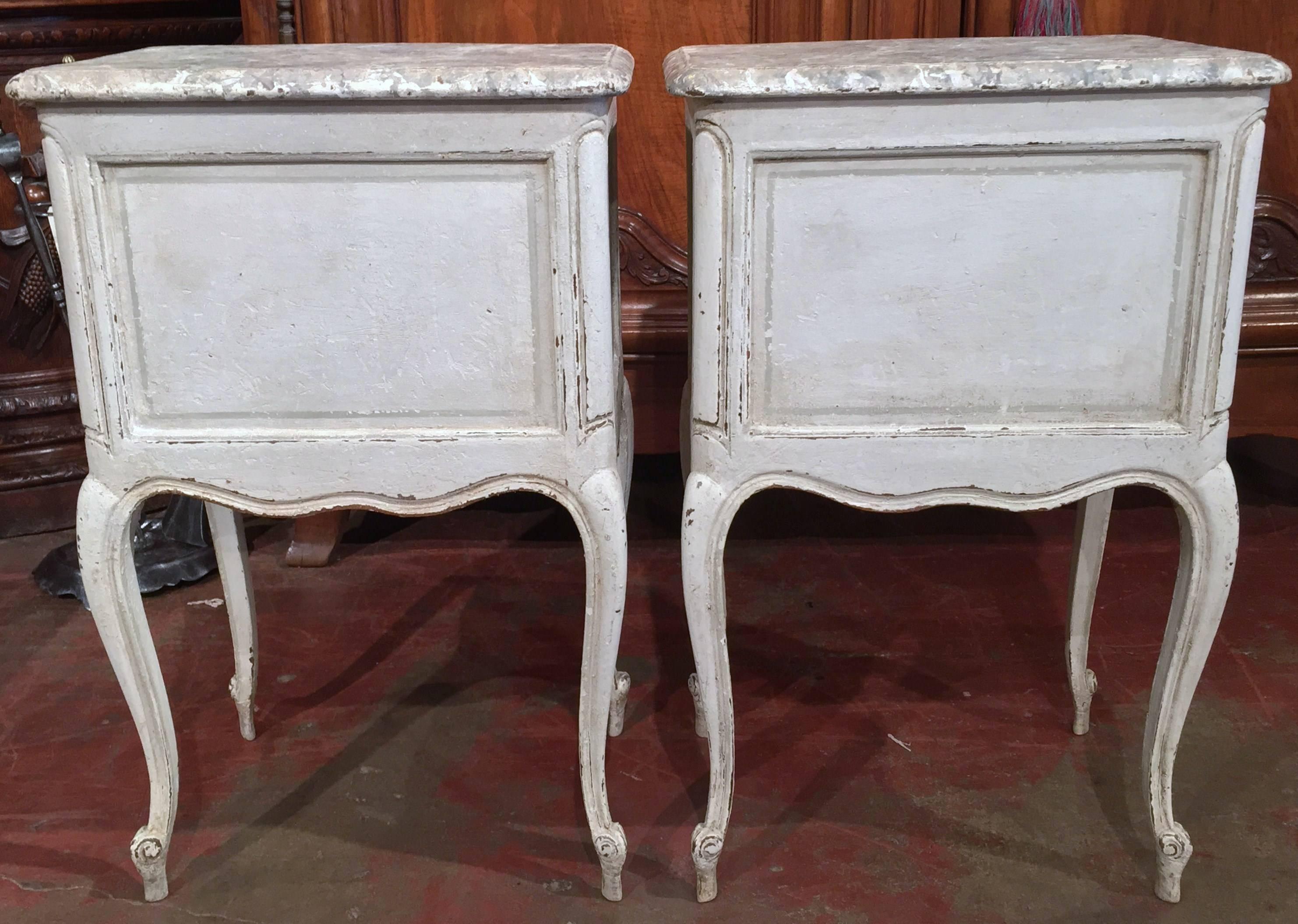 Pair of 19th Century French Carved Painted Bedside Tables with Faux Marble Top 2