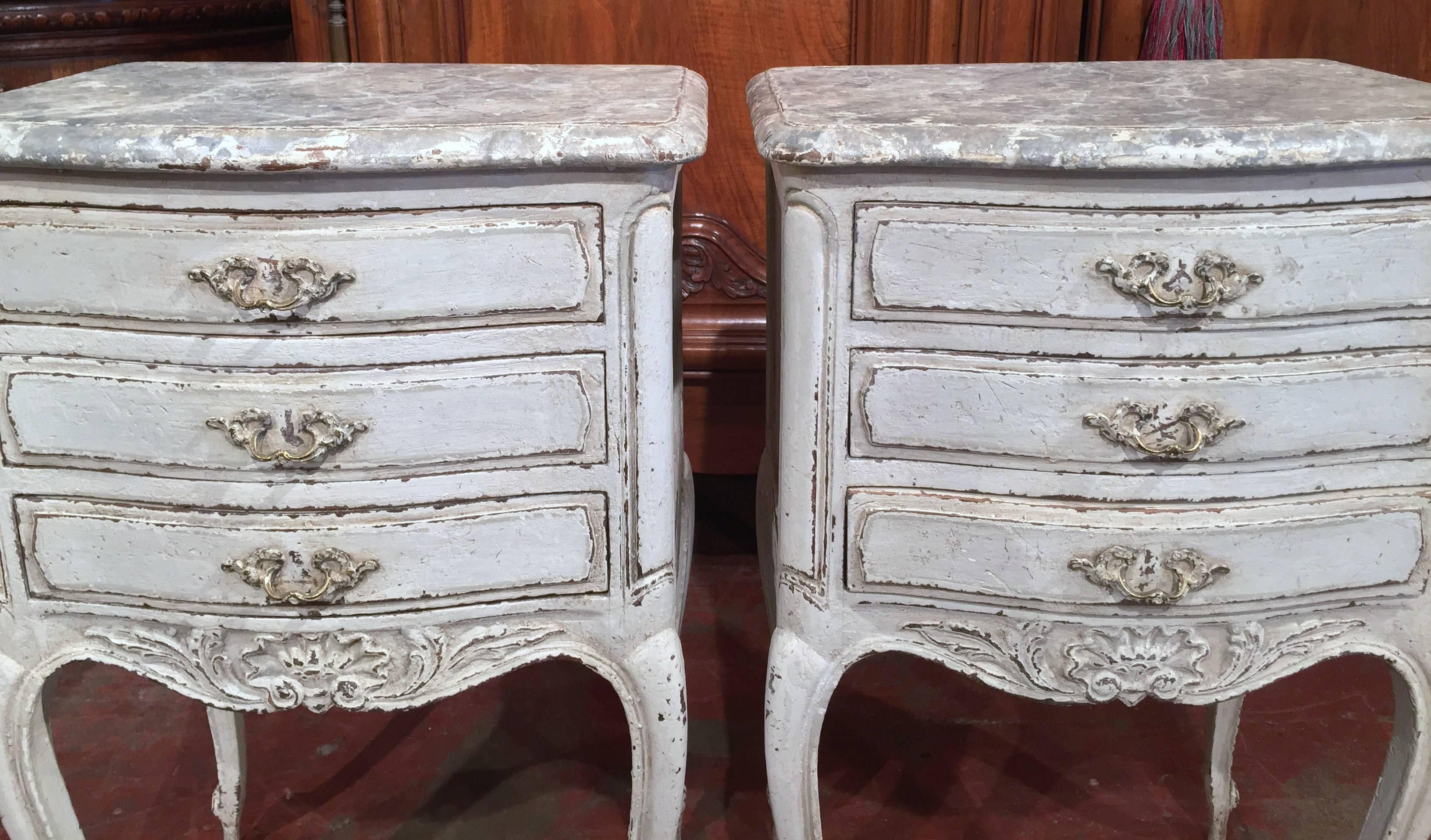 Louis XV Pair of 19th Century French Carved Painted Bedside Tables with Faux Marble Top