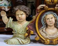 17th Century French Carved Painted Virgin Mary and Cherubs Sculpture