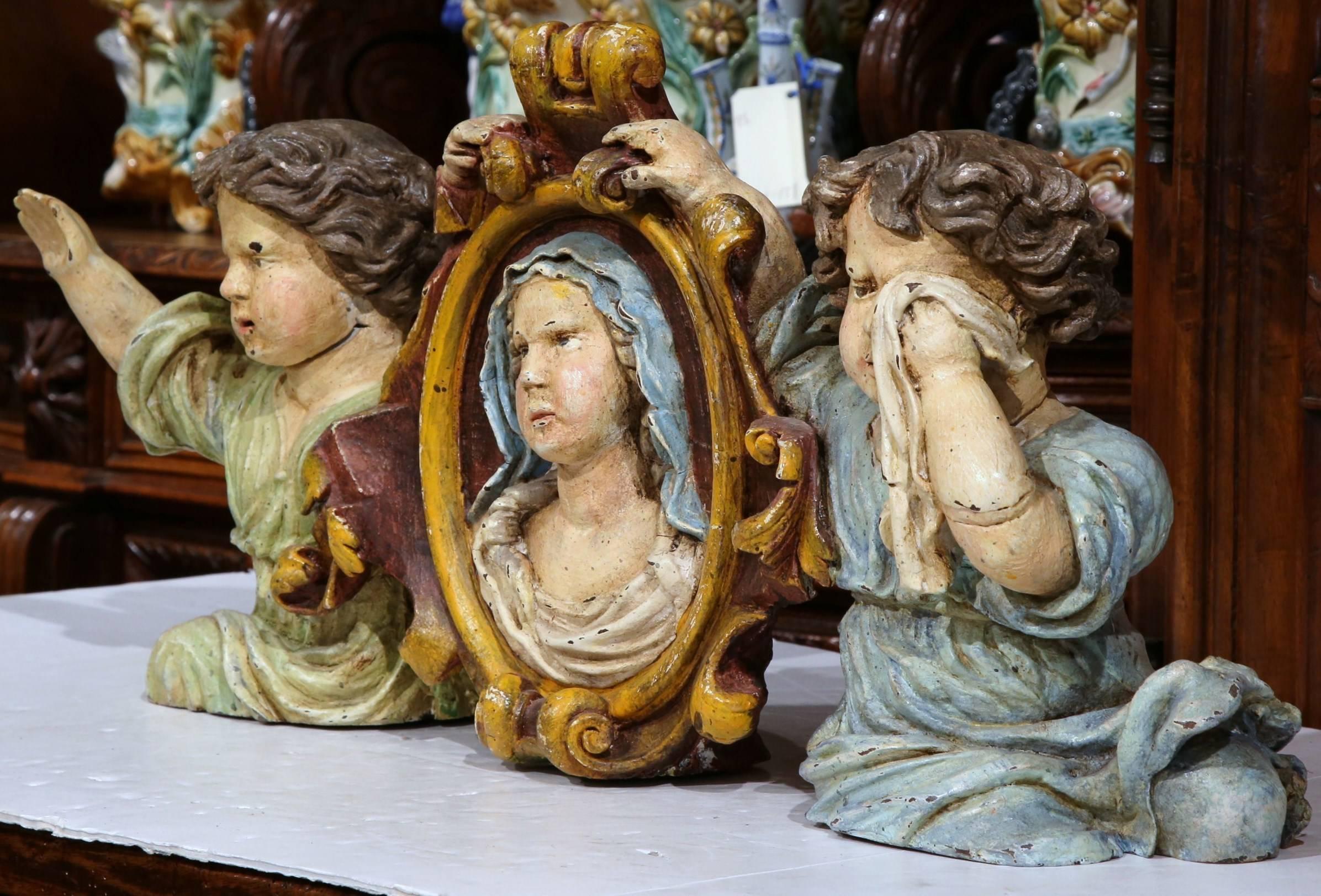 Hand-Painted 17th Century French Carved Painted Virgin Mary and Cherubs Sculpture