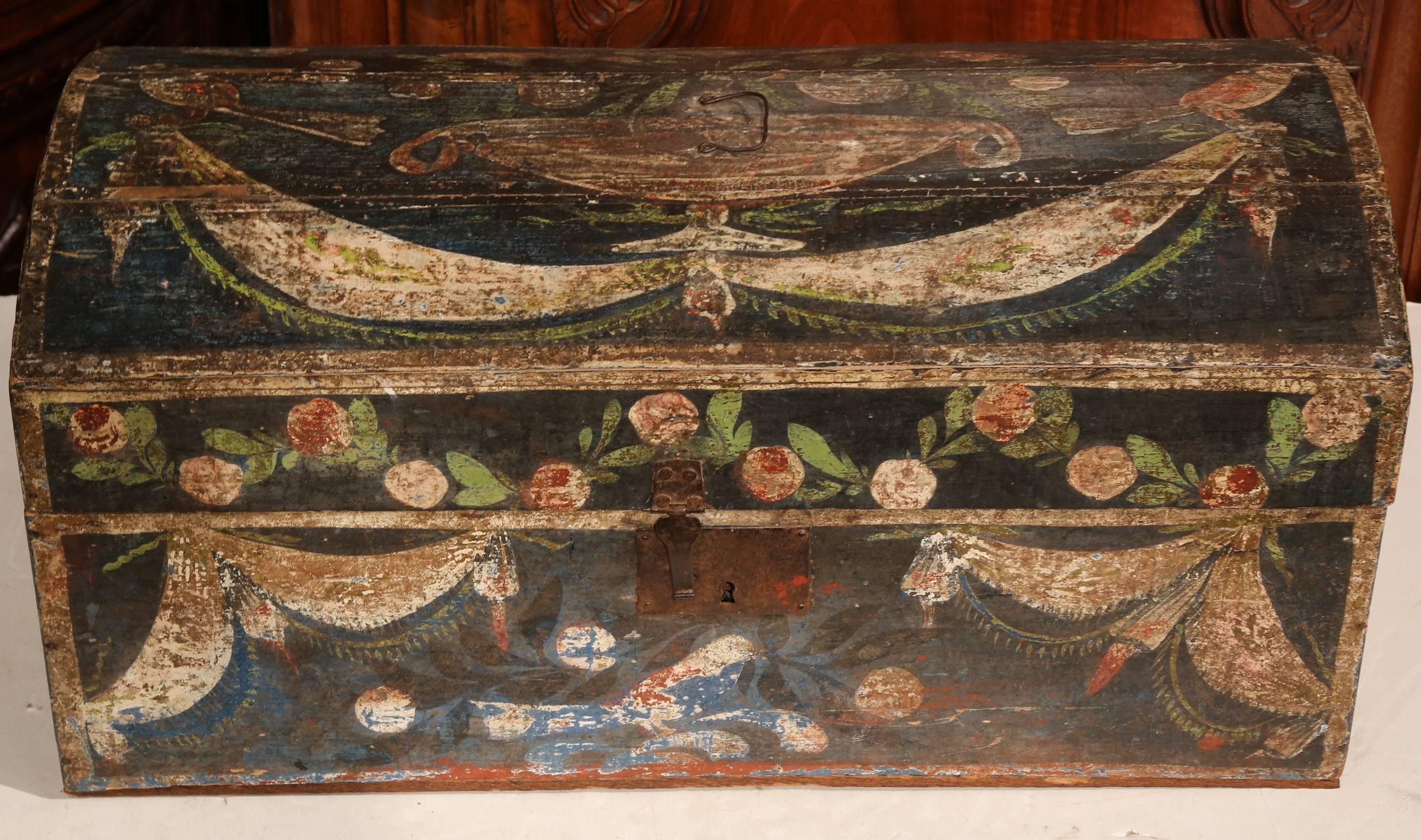 This colorful, hand-painted wedding trunk was crafted in Northern France, circa 1780. The antique box has a beautiful, original, painted exterior and is decorated with five painted birds, a vase, garlands, flowers and leaves. Excellent condition