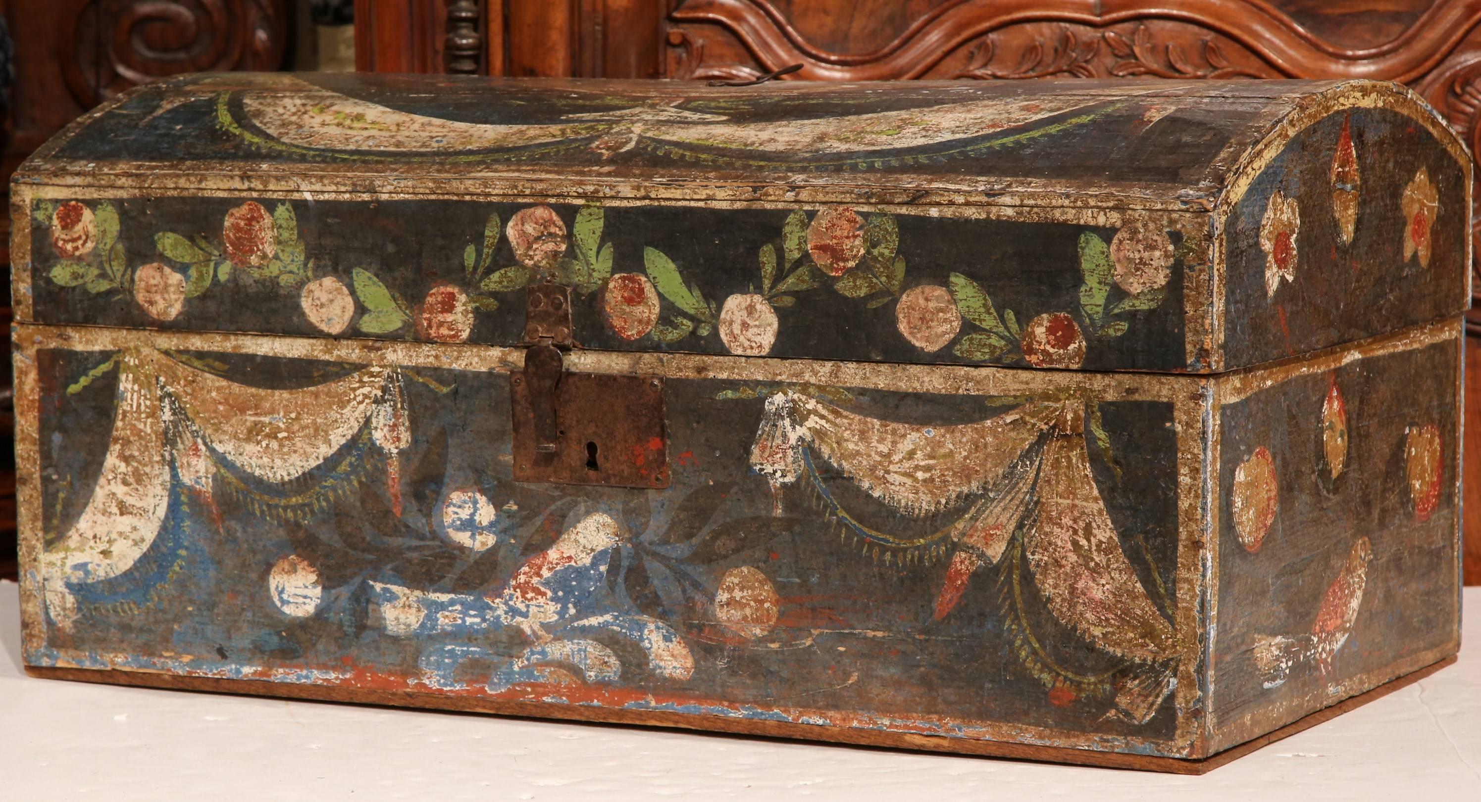 18th Century French Painted Wedding Box from Normandy with Birds and Flowers 1
