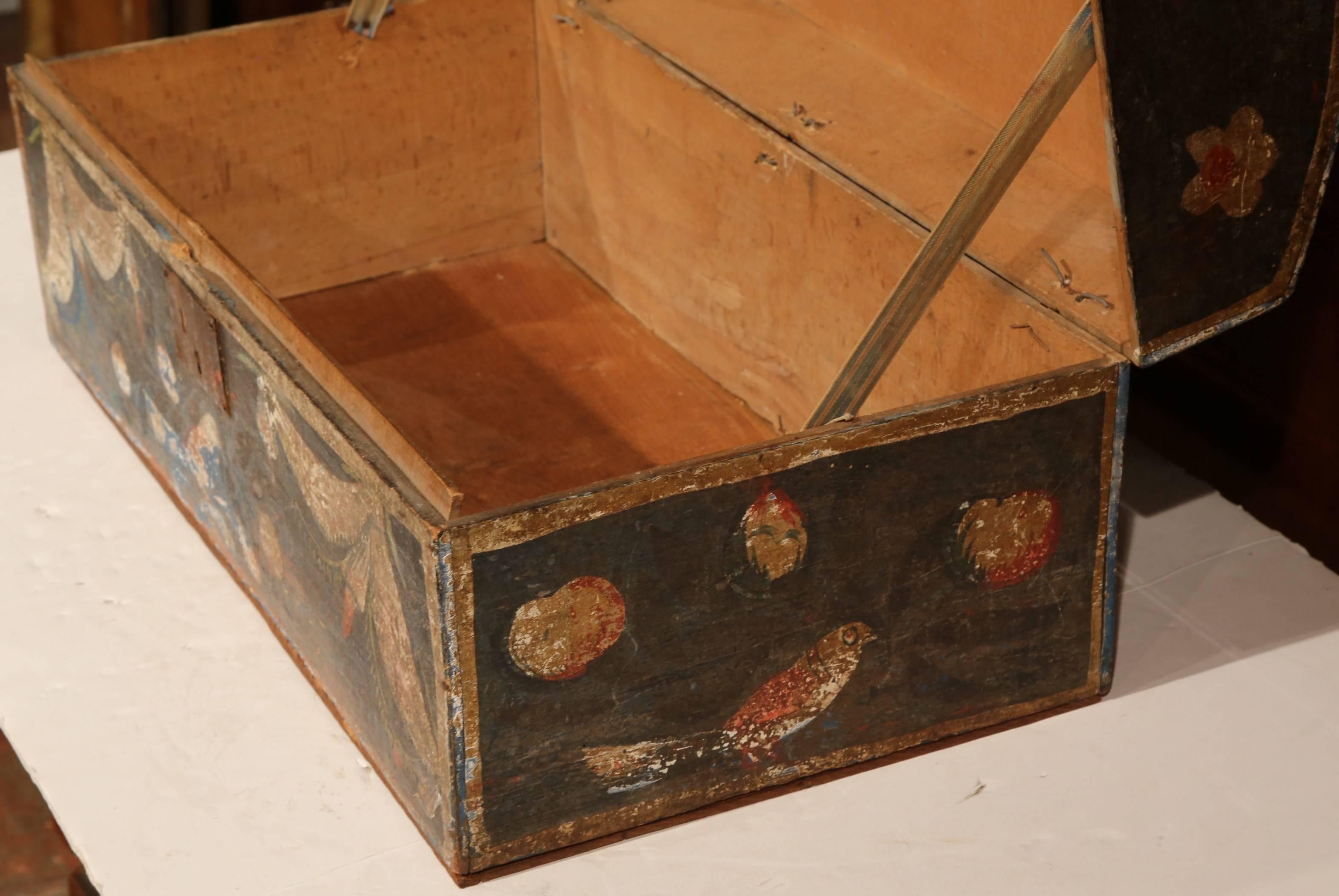 Wood 18th Century French Painted Wedding Box from Normandy with Birds and Flowers