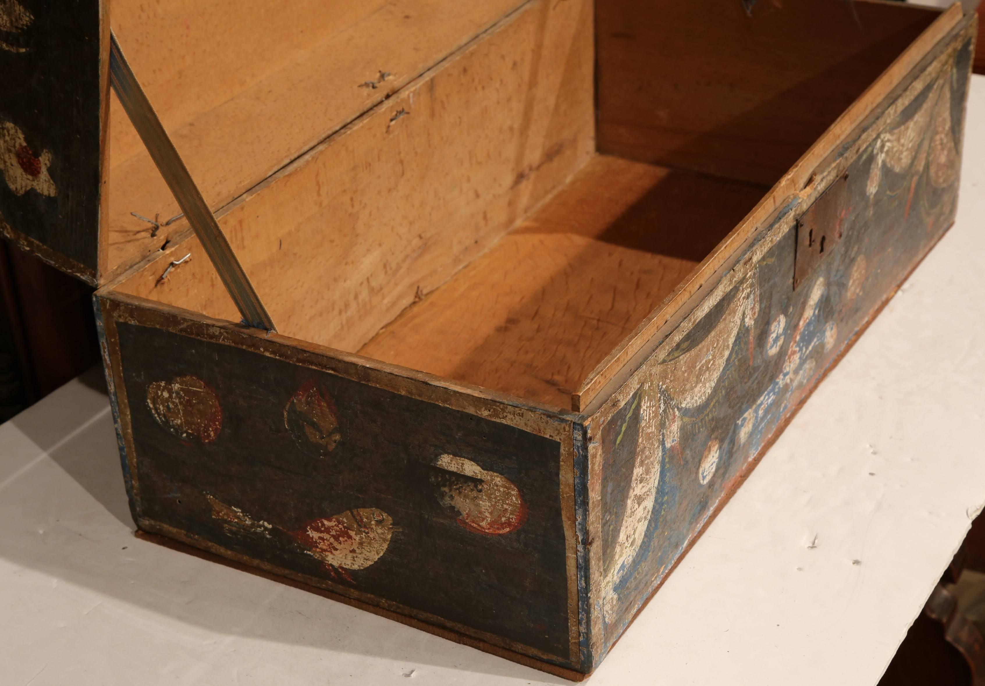 18th Century French Painted Wedding Box from Normandy with Birds and Flowers 2