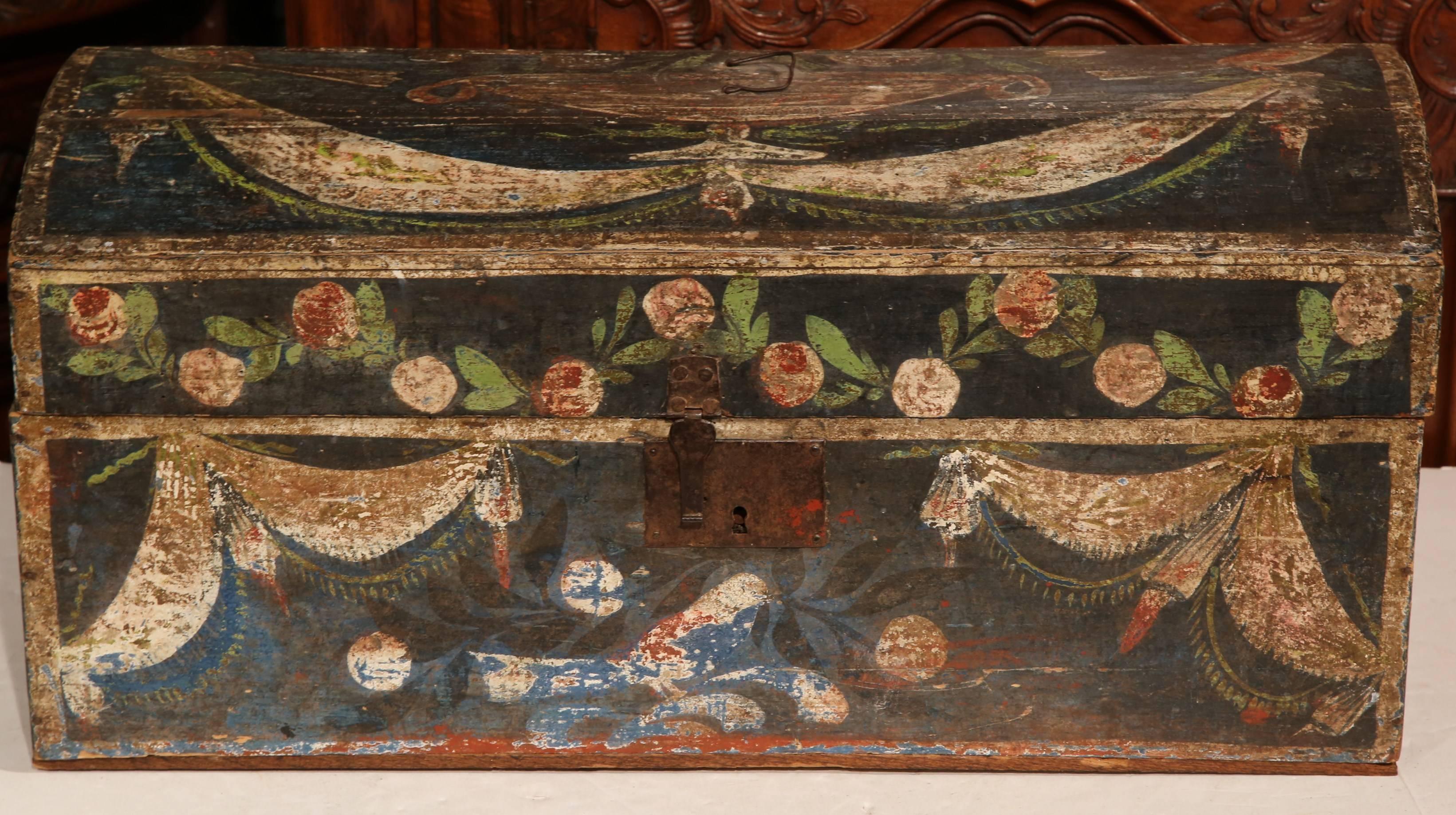 18th Century French Painted Wedding Box from Normandy with Birds and Flowers 3