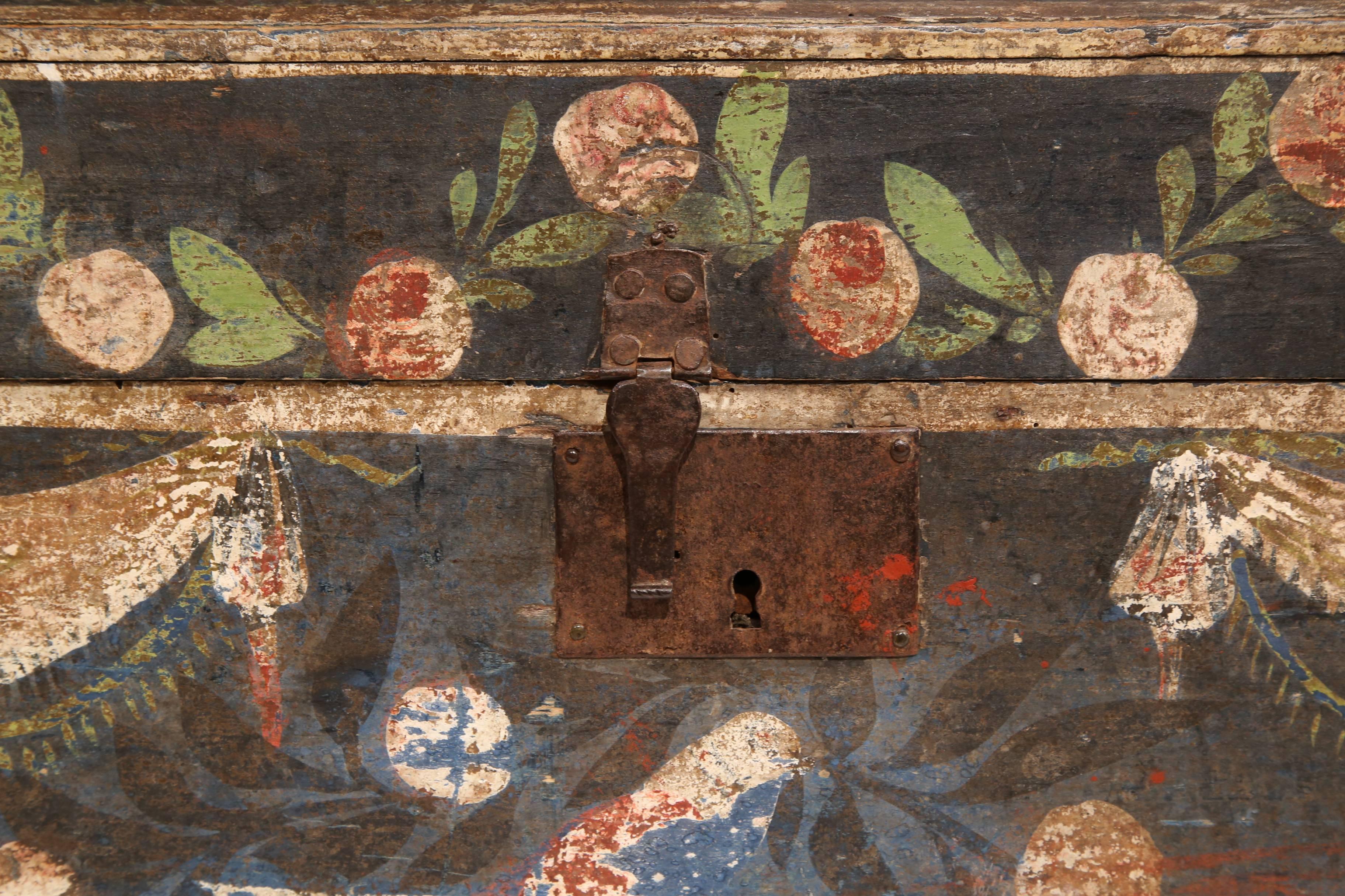 Hand-Crafted 18th Century French Painted Wedding Box from Normandy with Birds and Flowers