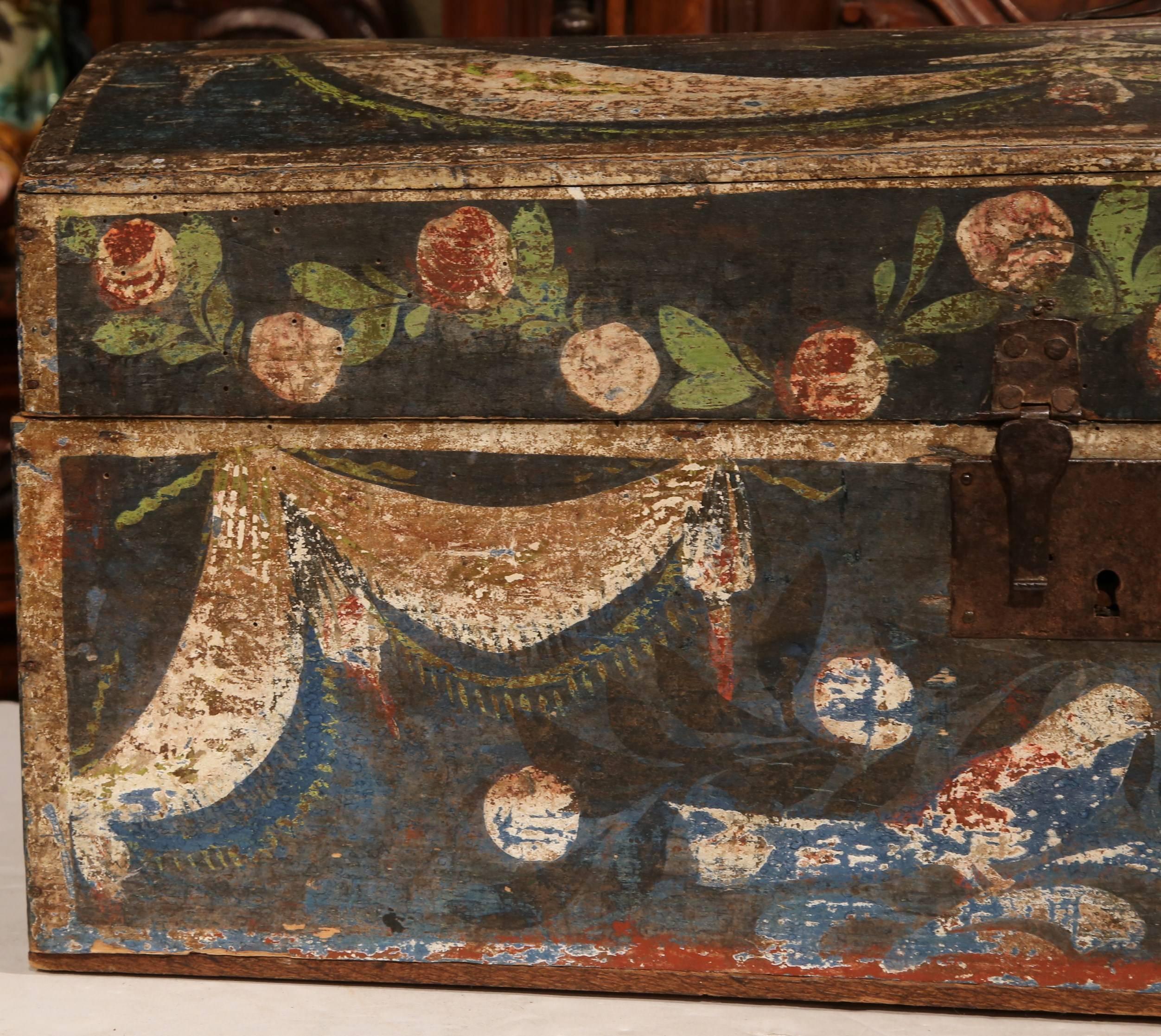 18th Century French Painted Wedding Box from Normandy with Birds and Flowers 4